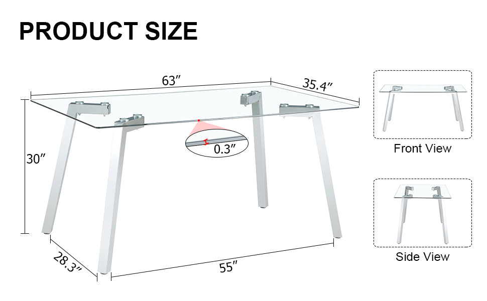 A modern minimalist rectangular glass dining table with tempered glass tabletop and silver metal legs, suitable for kitchens, restaurants, and living rooms,63"*35.4"*30"