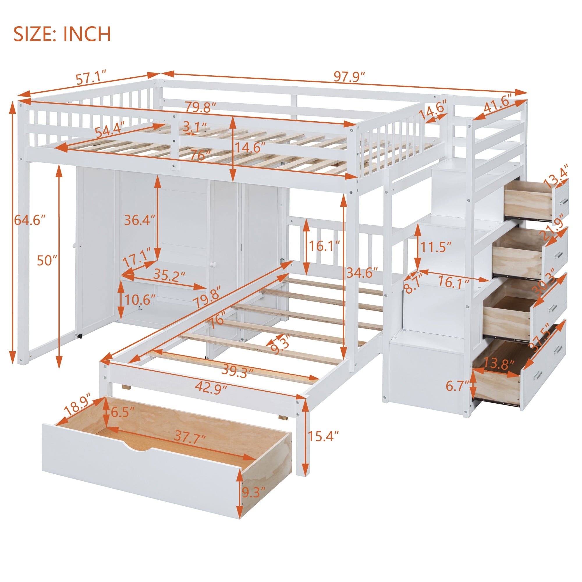 Full Over Twin Bunk Bed with Wardrobe, Drawers, White