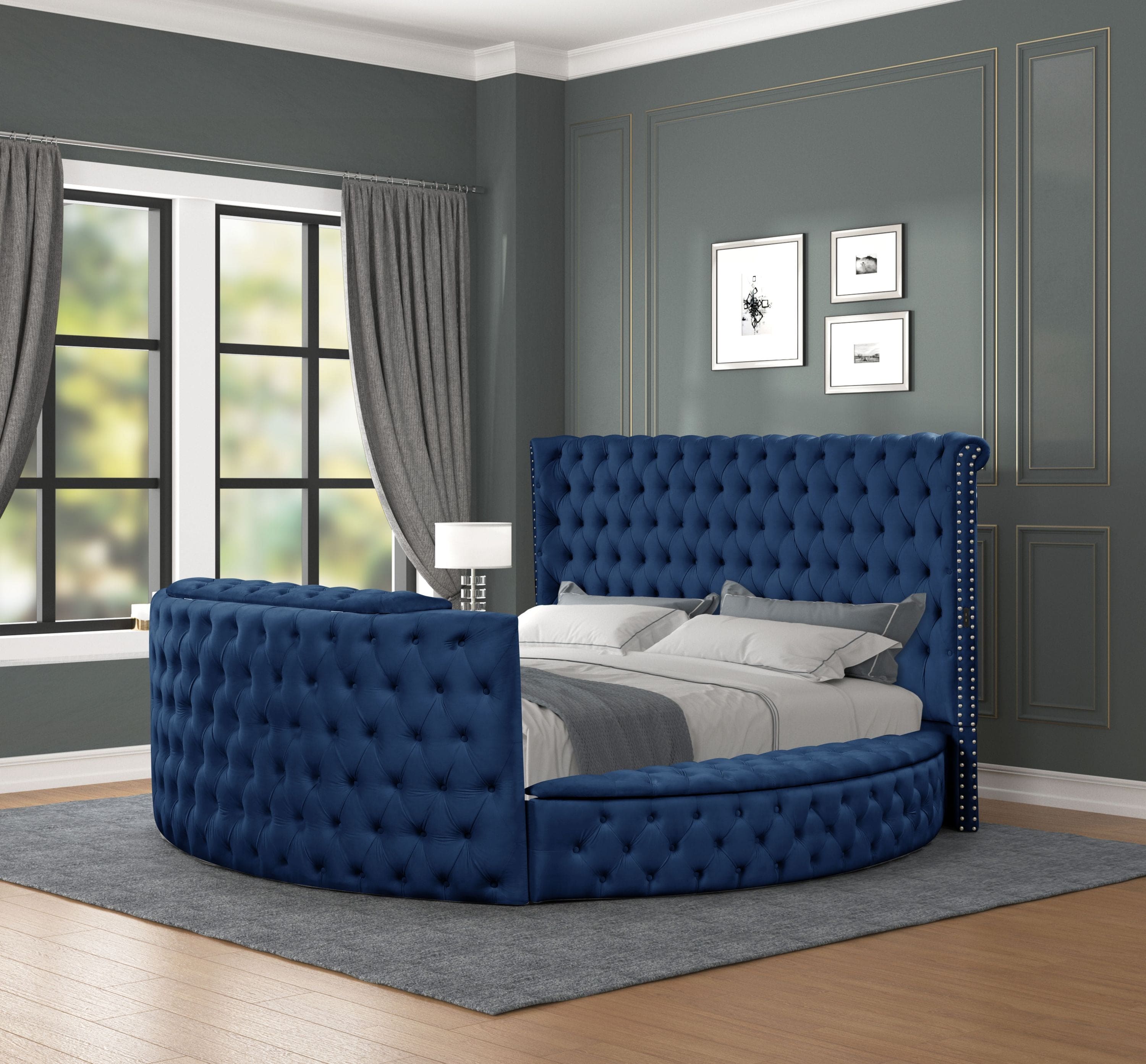 Maya Modern Style Crystal Tufted King Bed Made with wood in Blue