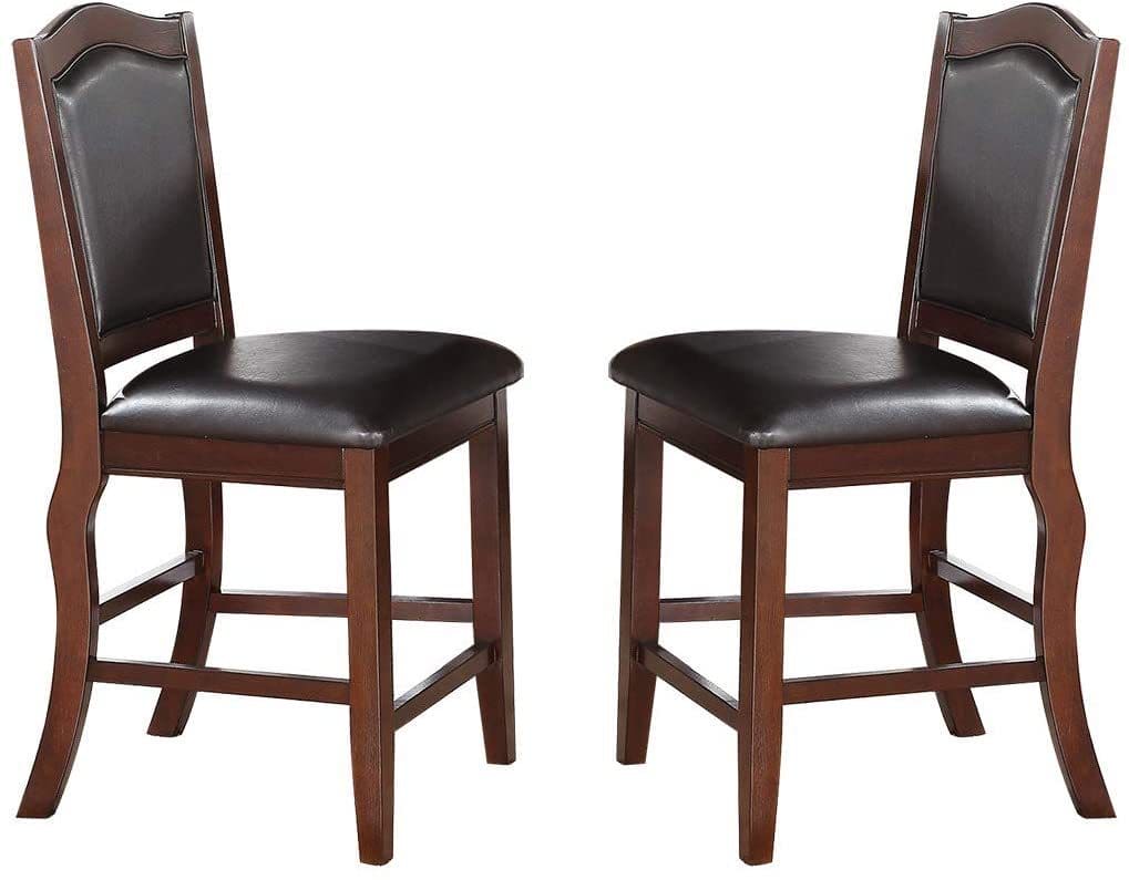 Dark Brown Wood Finish Set of 2 Counter Height Chairs Faux Leather Upholstery  Seat Back Kitchen Dining Room Chair