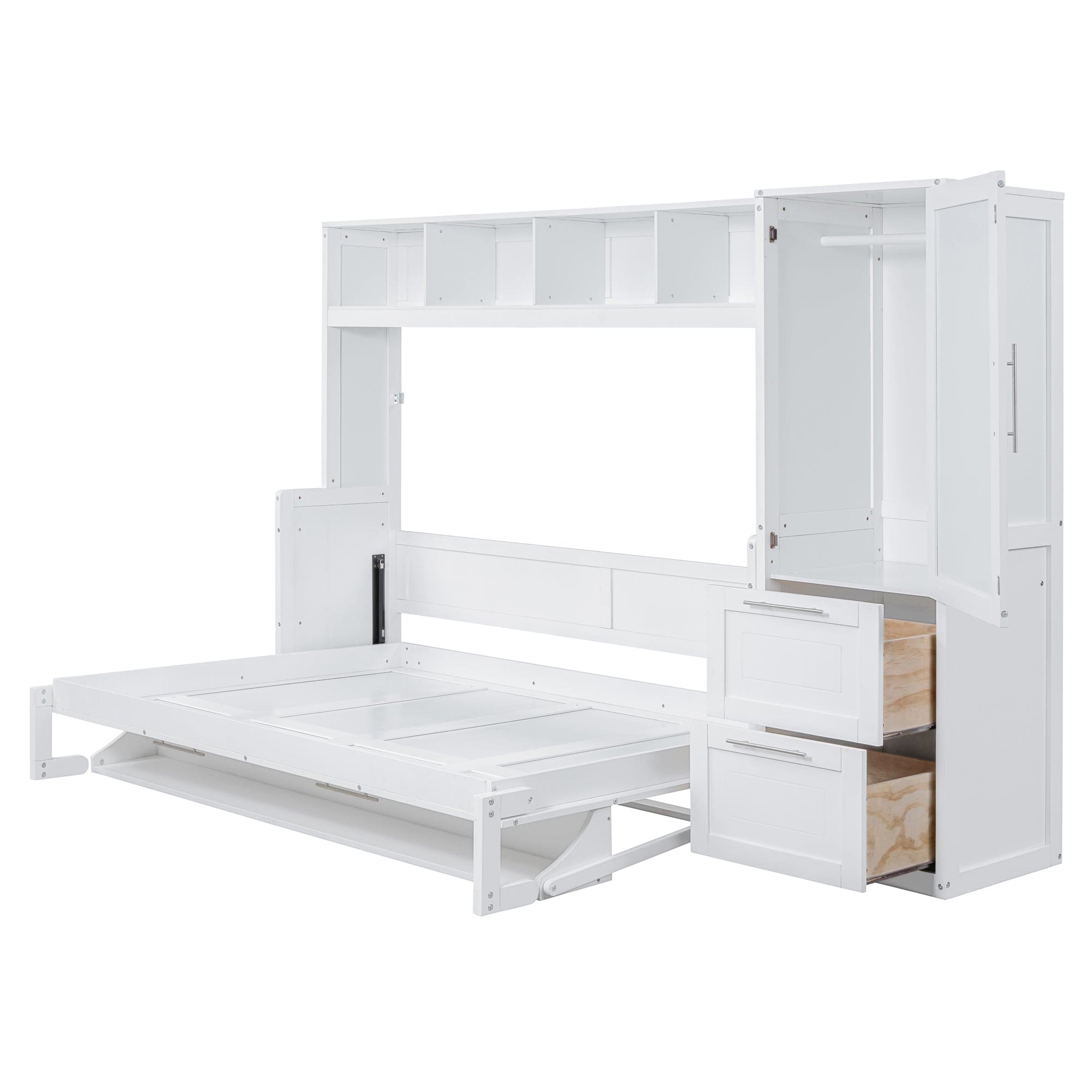 Full Size Murphy Bed Wall Bed with Closet and Drawers,White