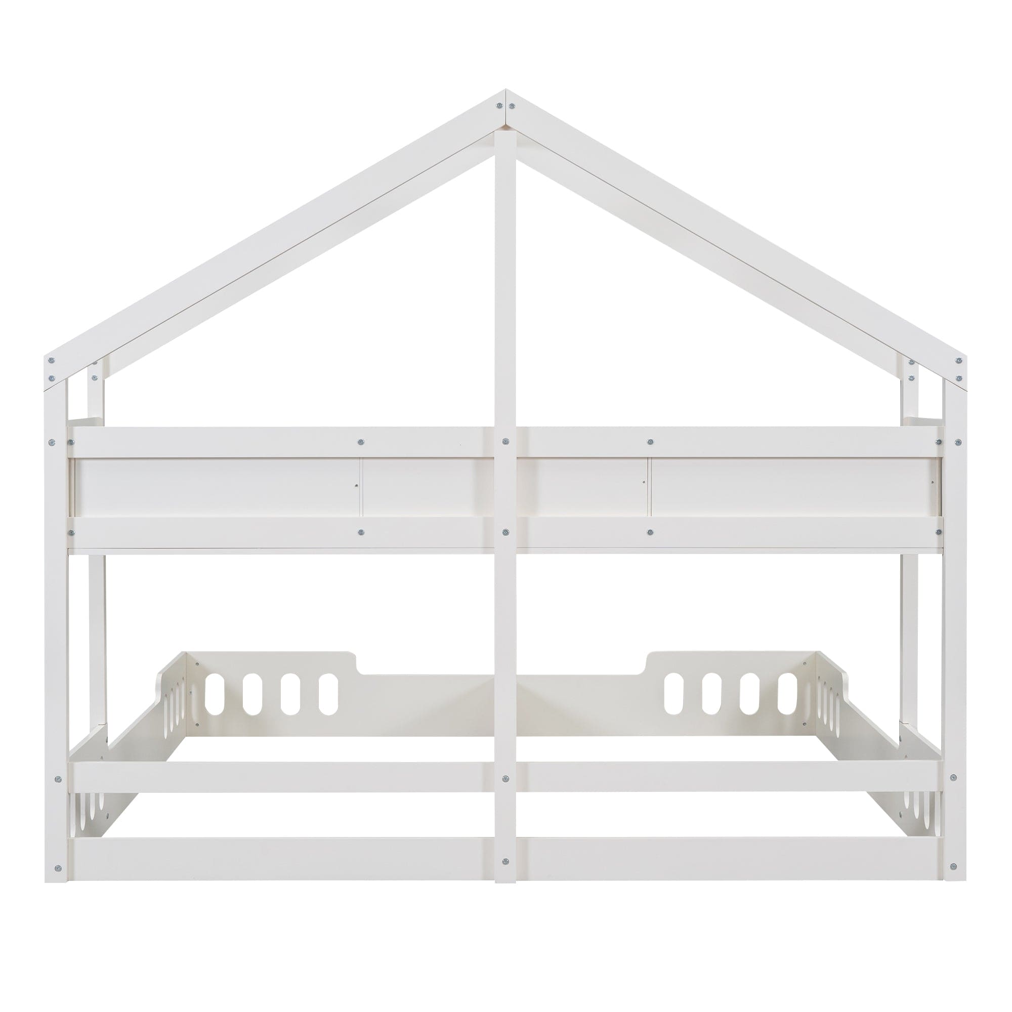 Wood Twin Size House Platform Beds,Two Shared Beds with Shelves and Guardrail, Creamy White