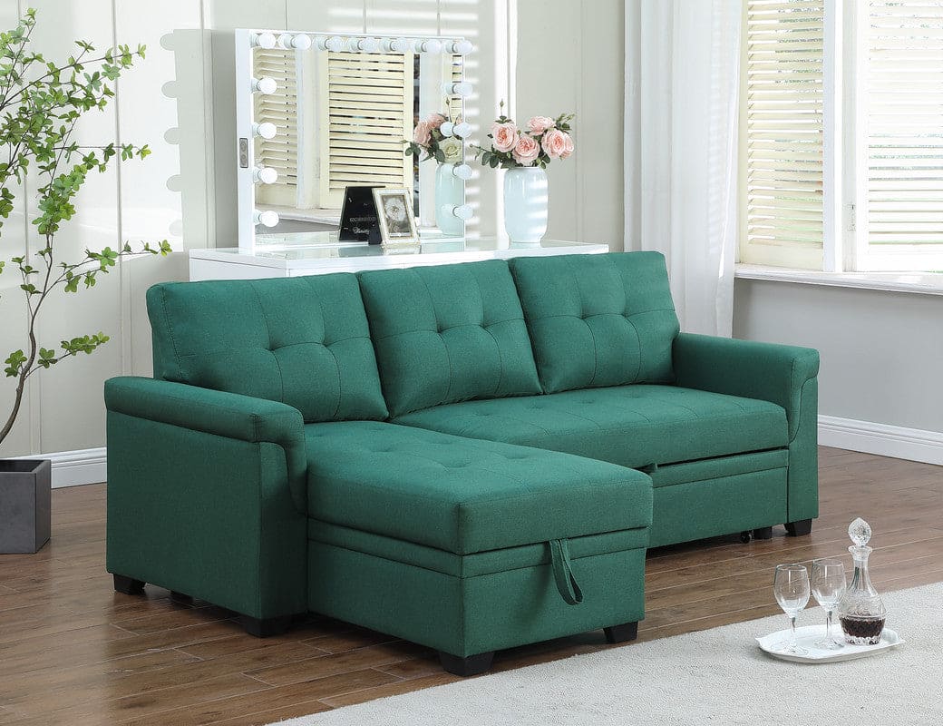 Lucca Green Linen Reversible Sleeper Sectional Sofa with Storage Chaise