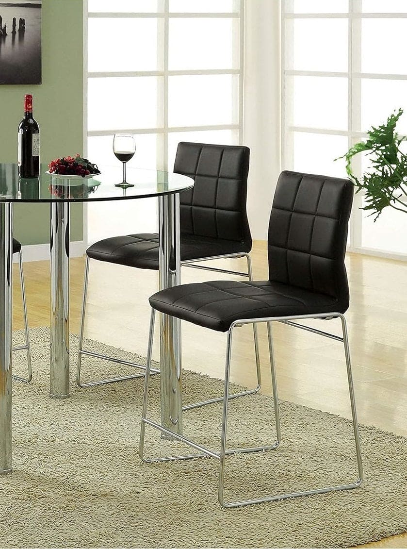 Black Color Leatherette 2pcs Counter Height Dining Chairs Chrome Metal Legs Dining Room Counter Height Chairs