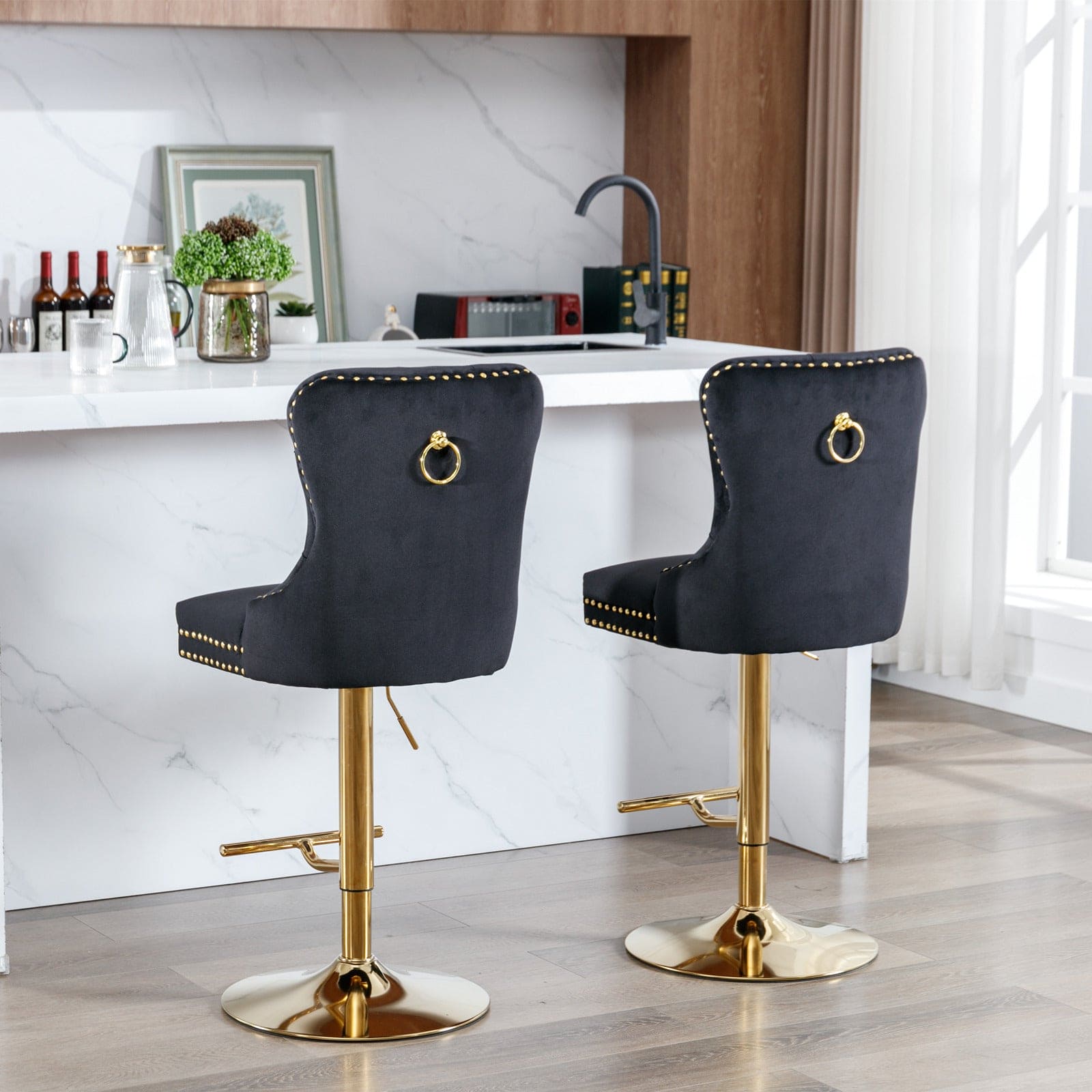 A&A Furniture,Thick Golden Swivel Velvet Barstools Adjusatble Seat Height from 27-35 Inch, Modern Upholstered Bar Stools with Backs Comfortable Tufted for Home Pub and Kitchen Island (Black,Set of 2)