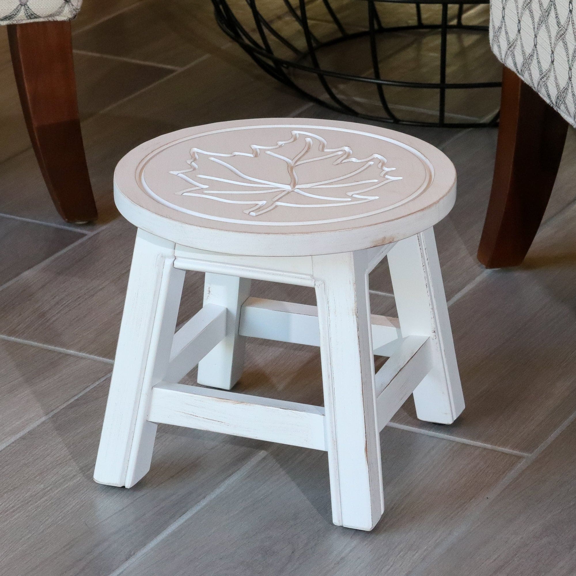 Carved Wooden Step Stool, Maple Leaf,  Antique White