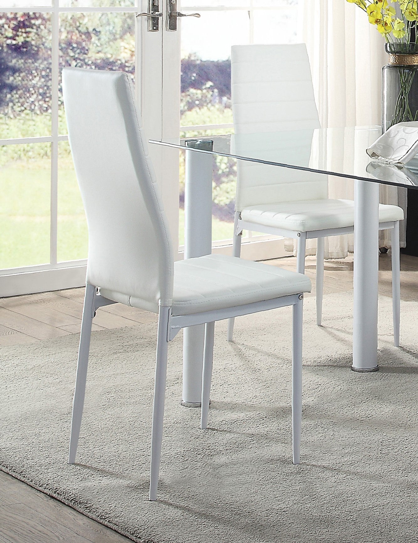 Modern Style White Metal Finish Side Chairs 2pc Set Faux Leather Covered Contemporary Dining Room Furniture