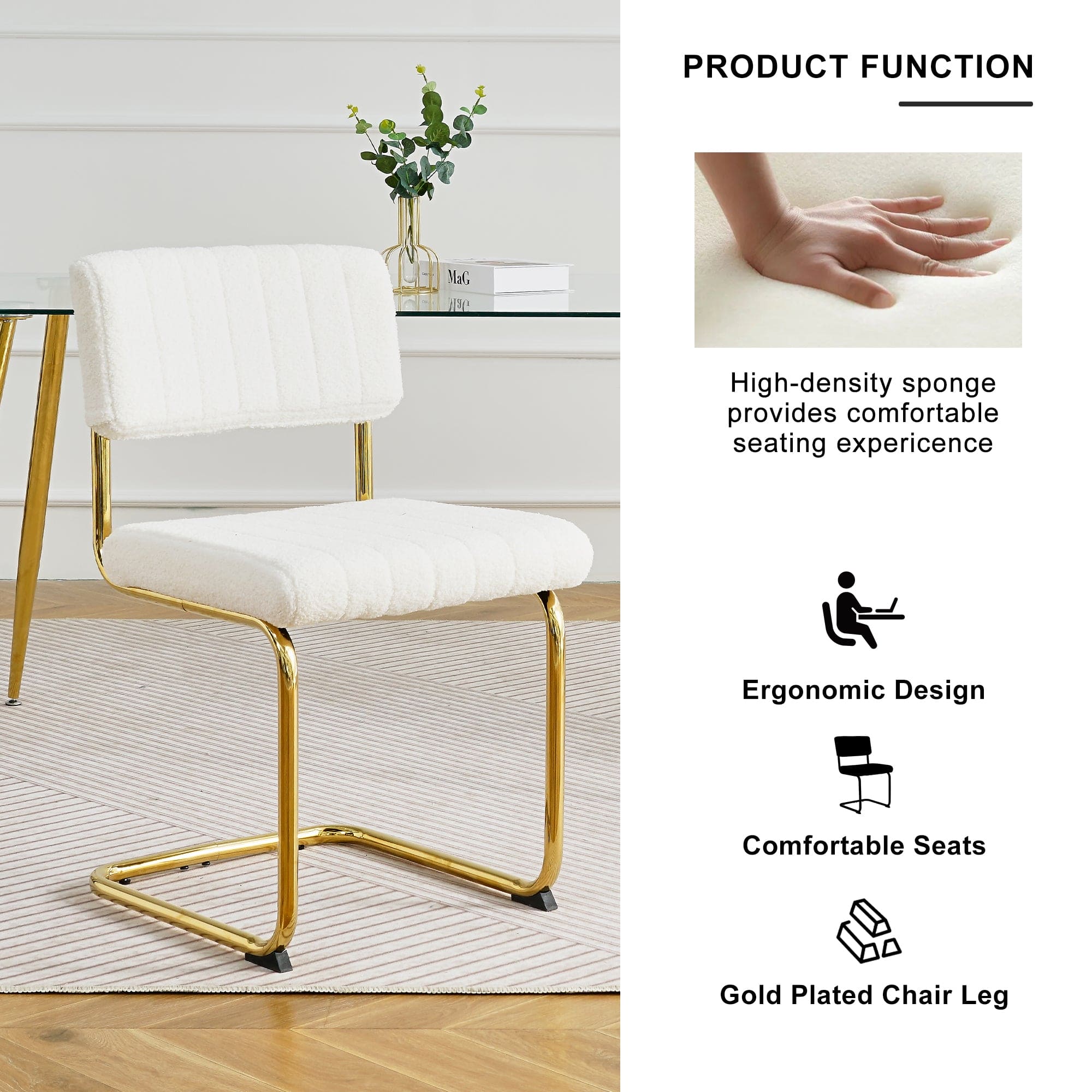 Modern simple light luxury dining White chair home bedroom stool back dressing chair student desk chair gold metal legs(set of 2)