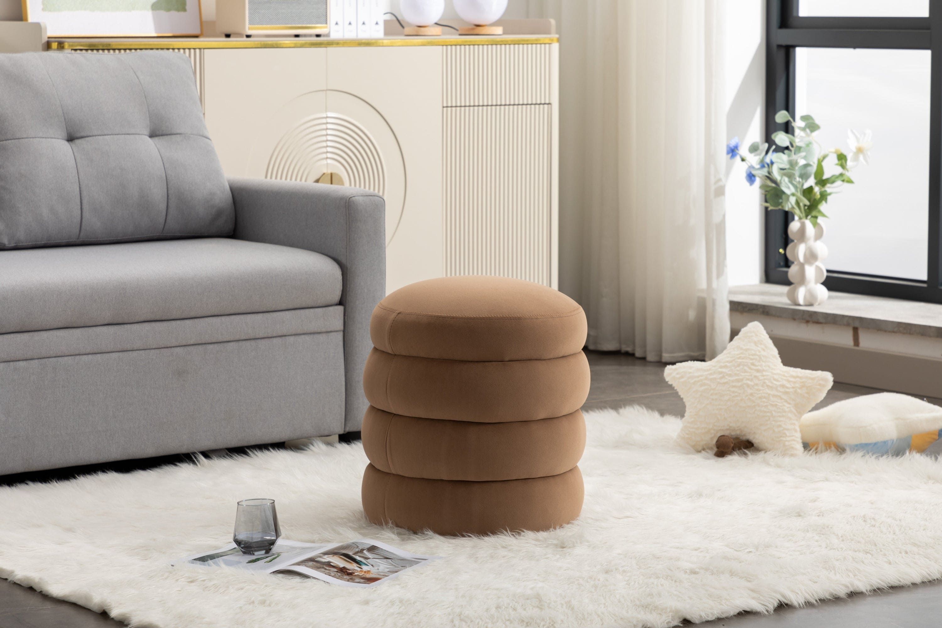 006-Soft Velvet  Round Ottoman Footrest Stool,Coffee