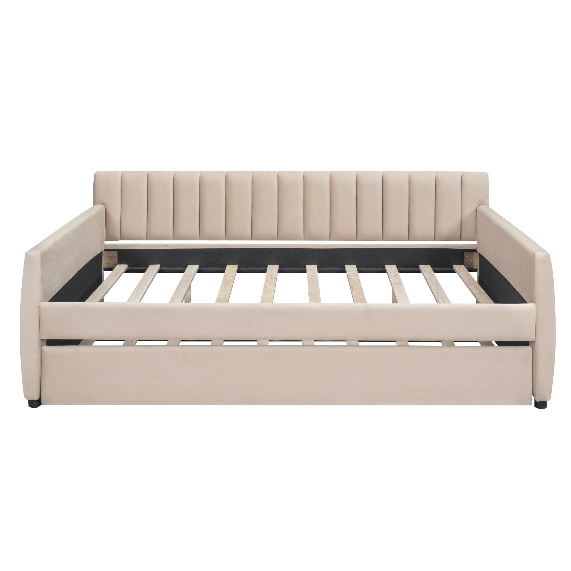 Full Size Upholstered daybed with Trundle and Wood Slat Support, Beige