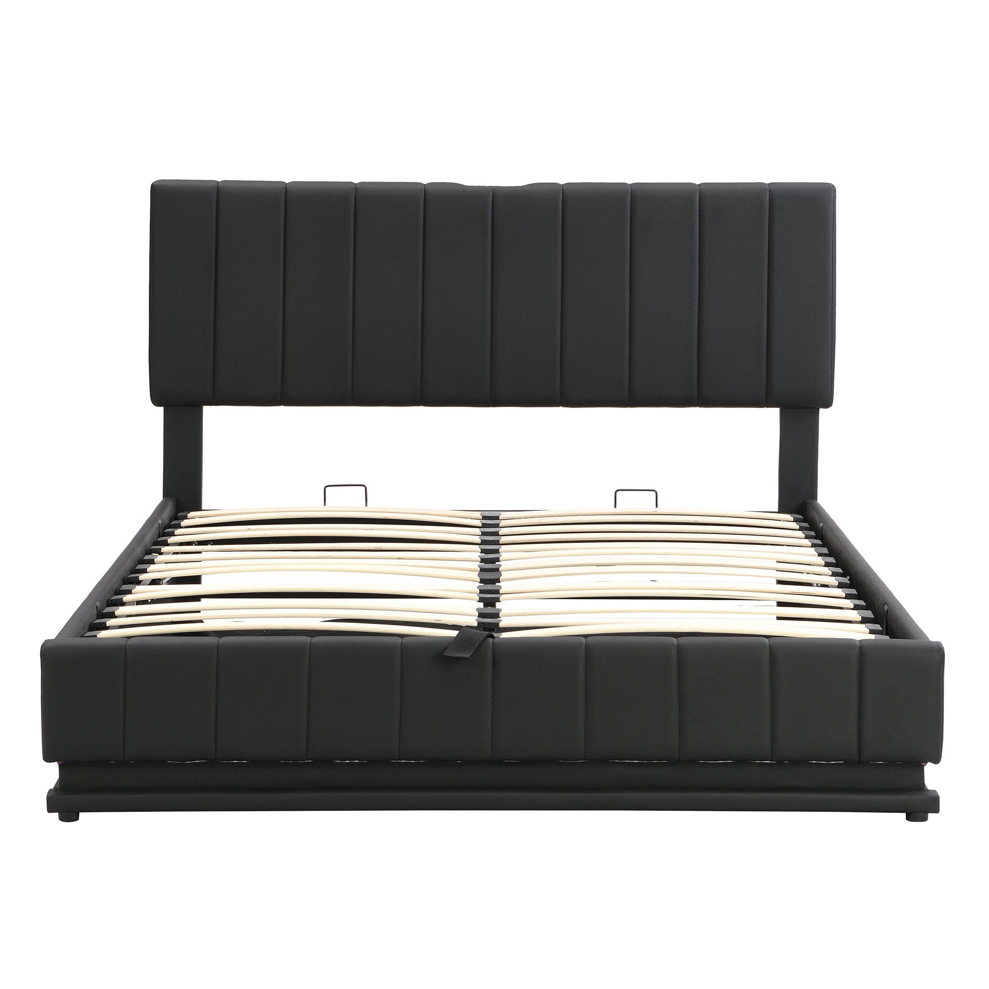 Queen Size Upholstered Bed with Hydraulic Storage System and LED Light, Modern Platform Bed with Sockets and USB Ports, Black