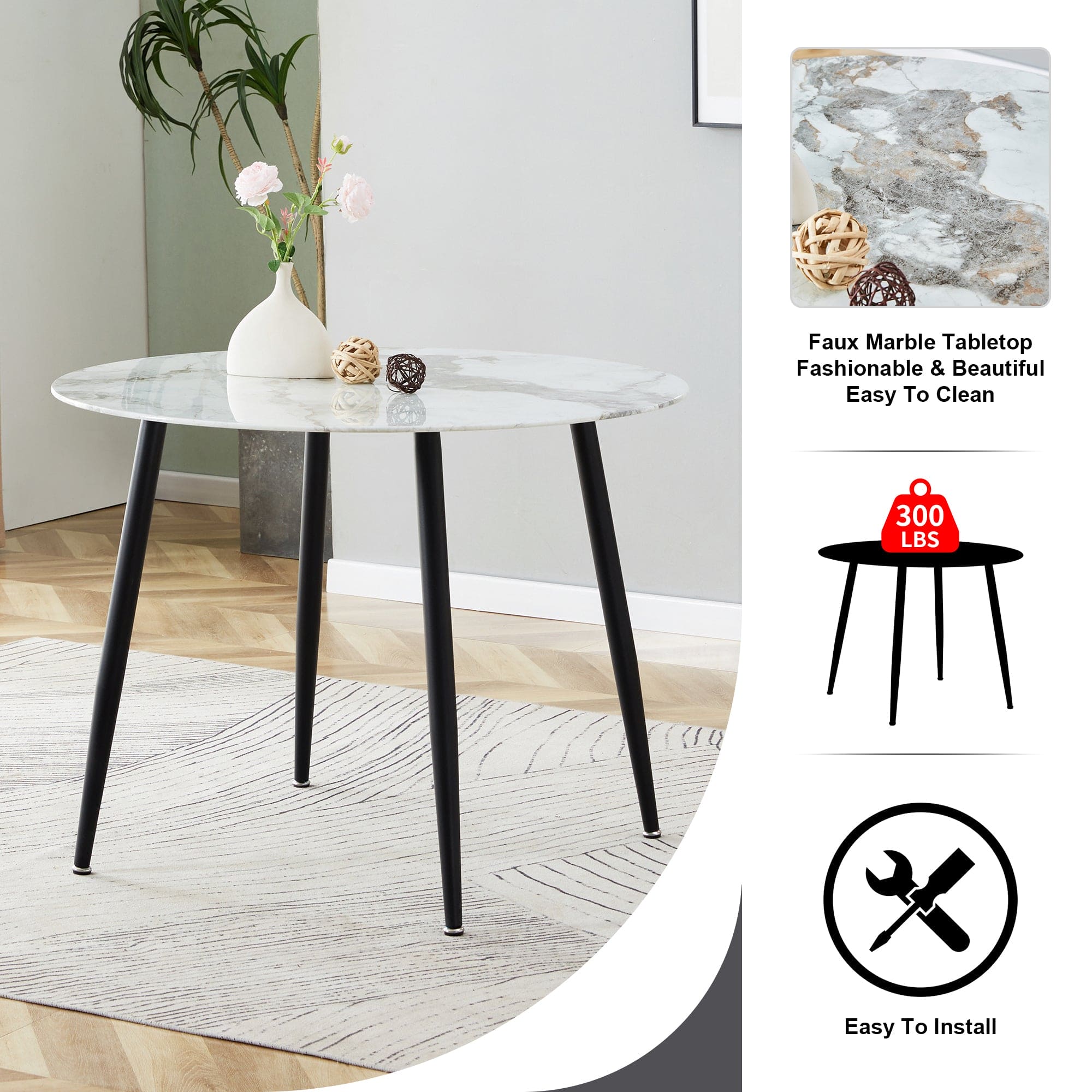 A modern minimalist circular dining table with a diameter of 40 inches, a 0.3 inch thick white imitation marble pattern tabletop and black metal legs  40 '* 40' * 30 'DT-1164