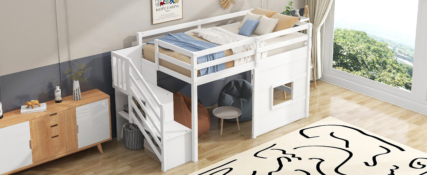 Twin Size Loft Bed with Storage Staircase and Window, White