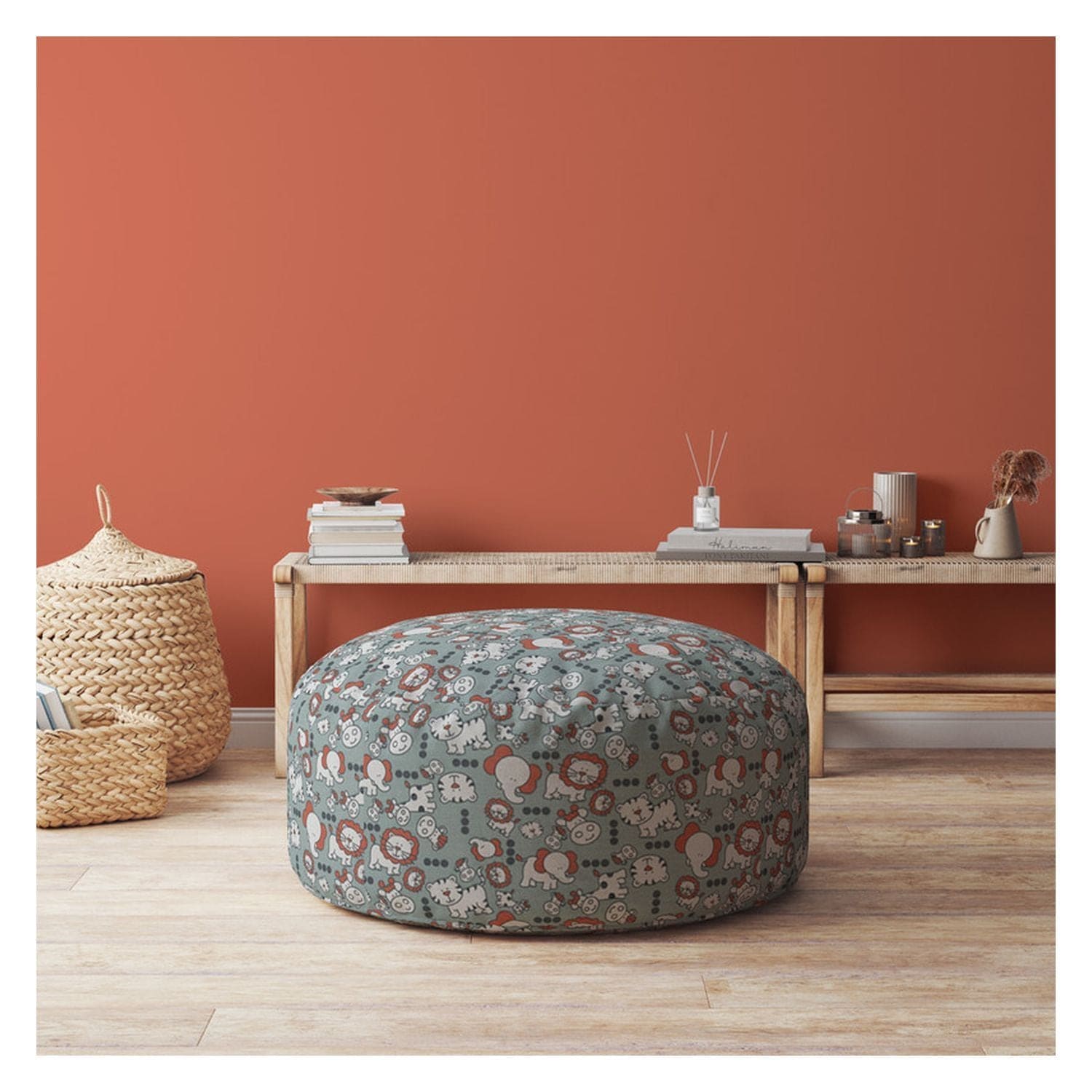 Indoor OH MY Greyish Blue Round Zipper Pouf - Stuffed - Extra Beads Included! - 24in dia x 20in tall