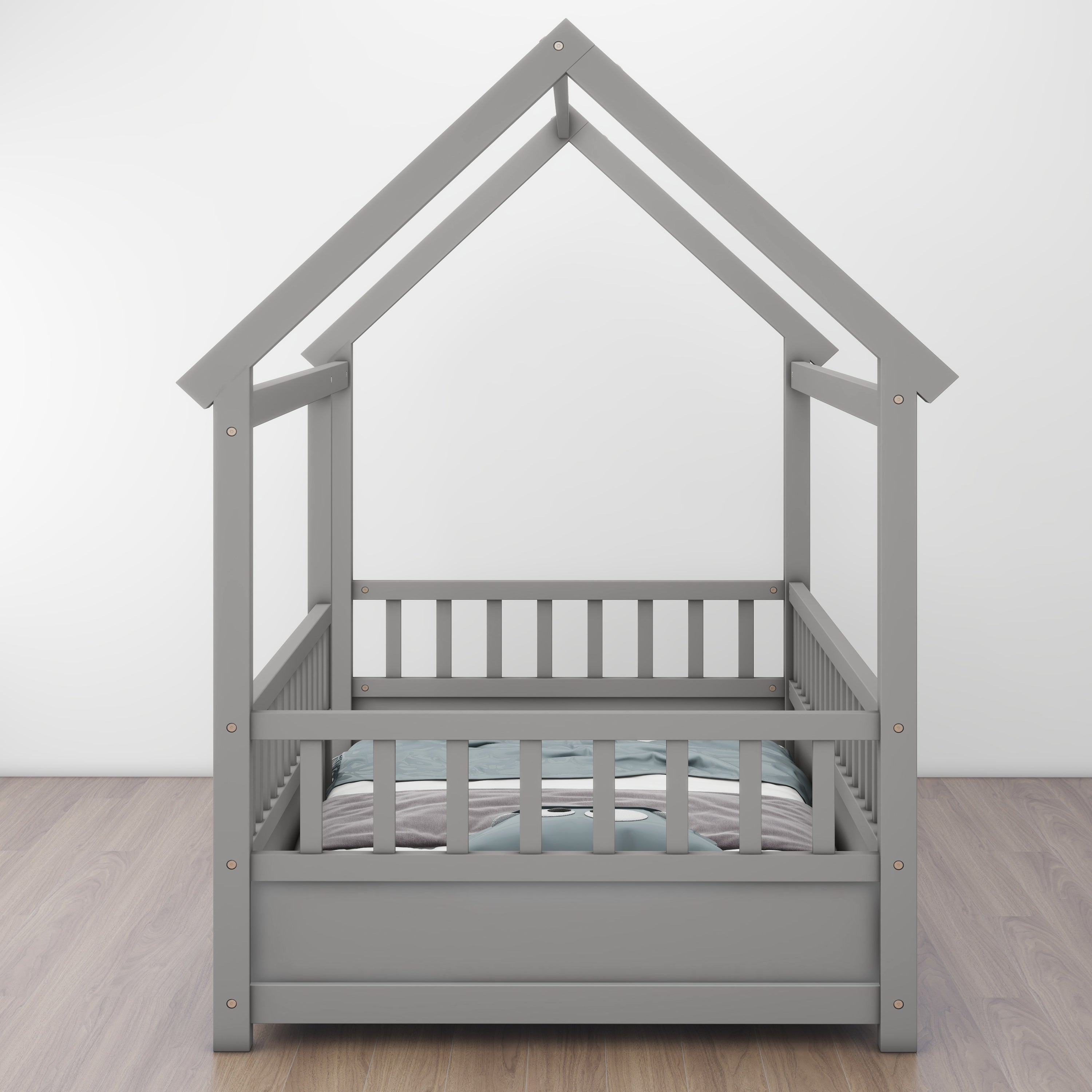 Twin Size Floor Wooden Bed with House Roof Frame, Fence Guardrails,Grey