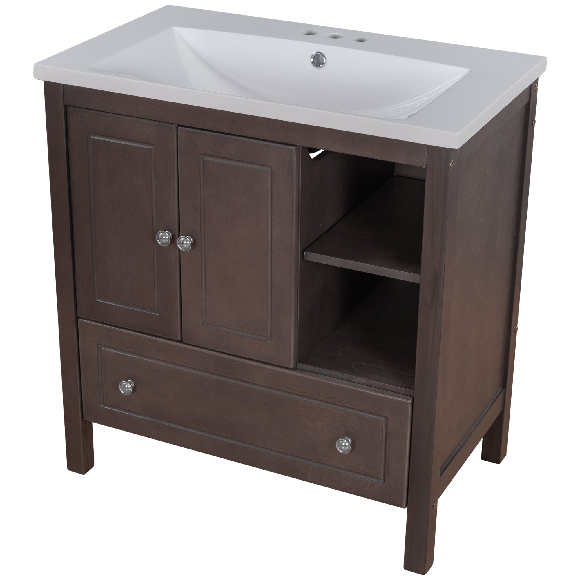 [VIDEO] 30" Bathroom Vanity with Sink, Bathroom Storage Cabinet with Doors and Drawers, Solid Wood Frame, Ceramic Sink, Brown (OLD SKU: JL000002AAD)