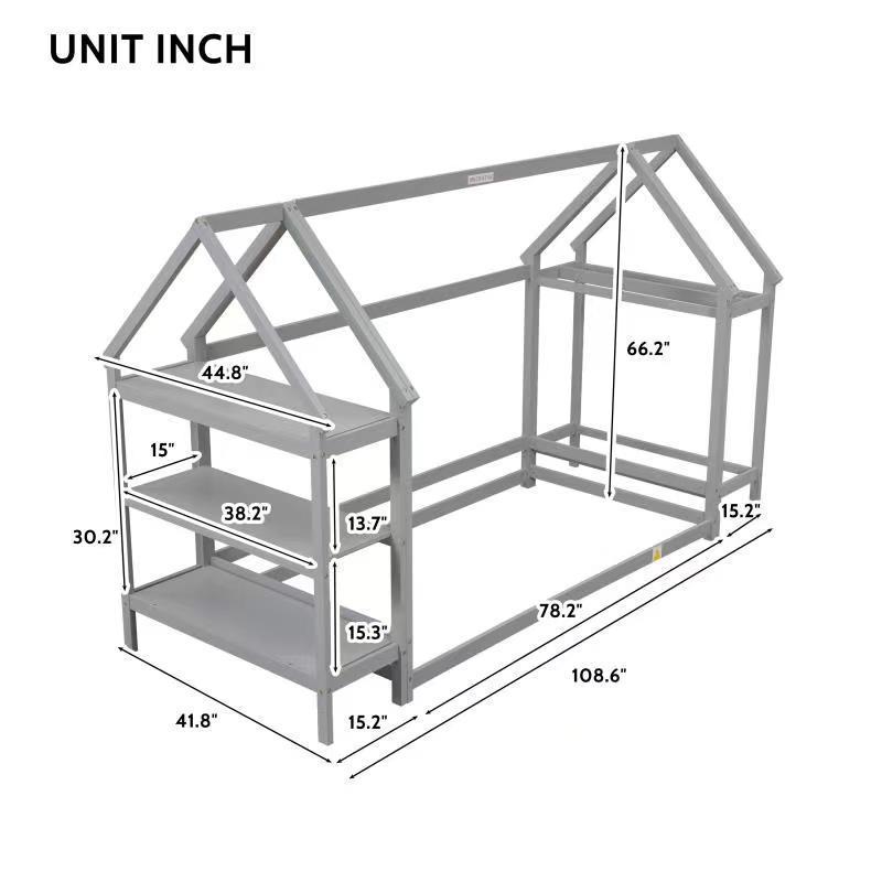 Twin House-Shaped Floor Bed with 2 Detachable Stands,Grey