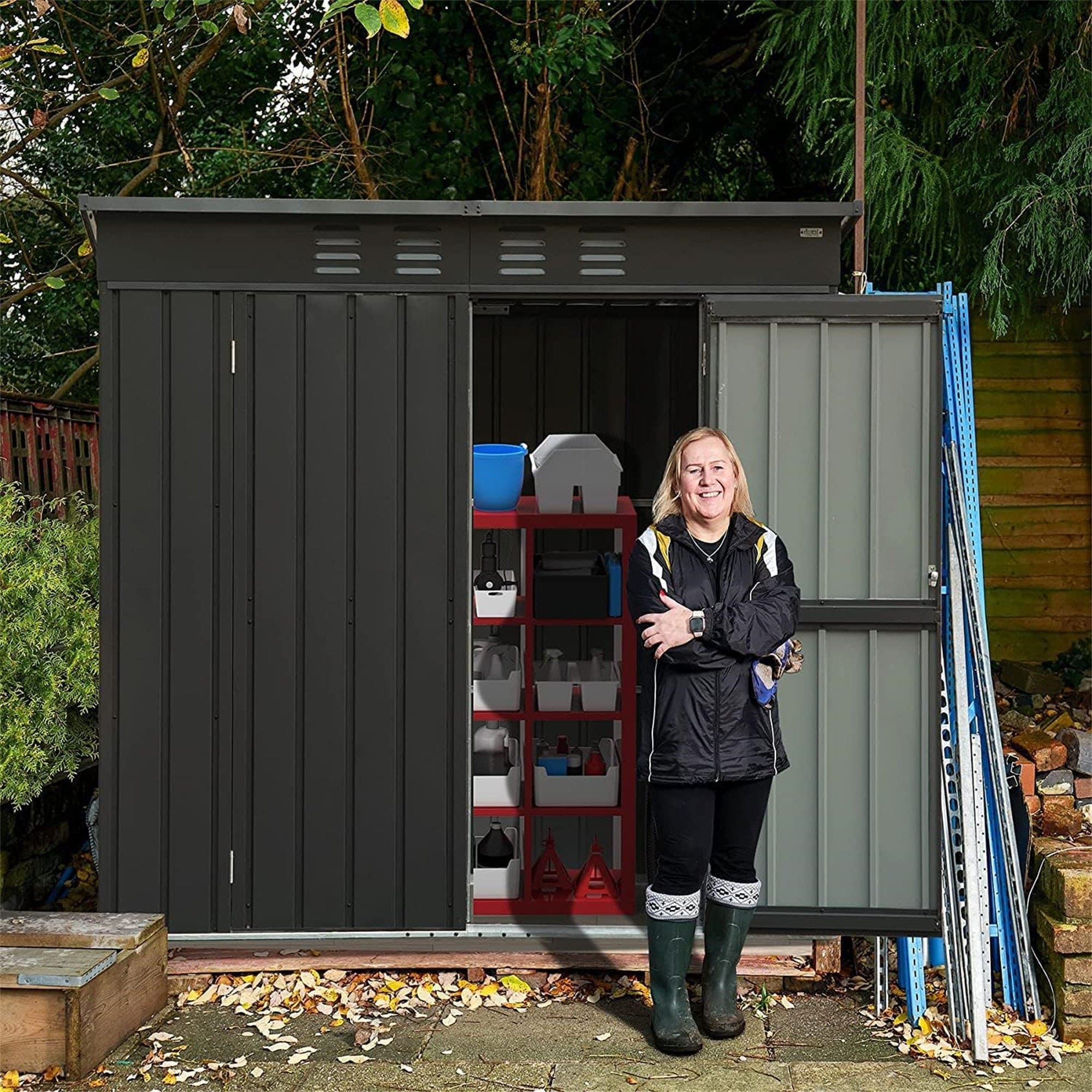 Backyard Storage Shed with Sloping Roof Galvanized Steel Frame Outdoor Garden Shed Metal Utility Tool Storage Room with Latches and Lockable Door for Balcony (5x3ft, Black)