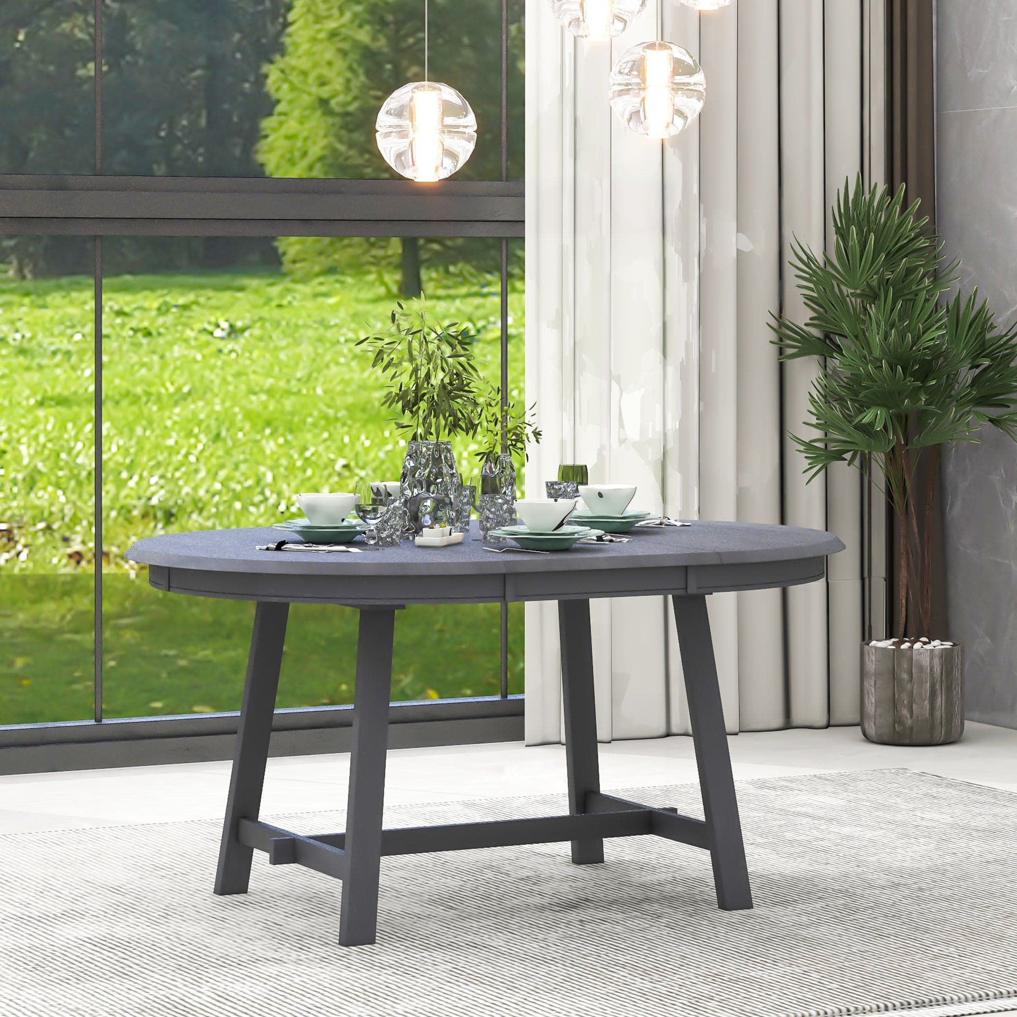 TREXM Wood Dining Table Round Extendable Dining Table for Dining Room (Gray)