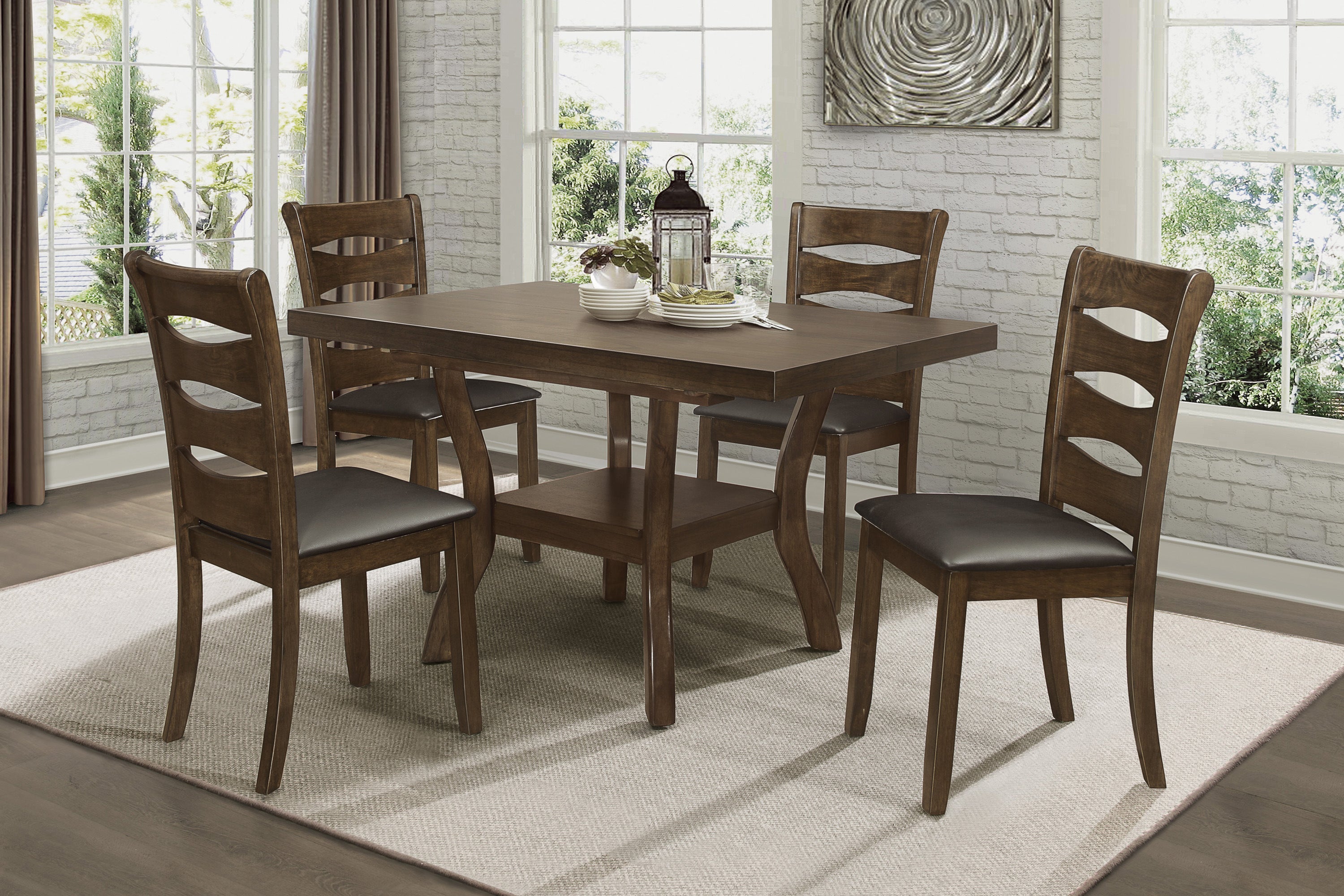 Transitional Dining Room Furniture 5pc Dining Set Table w Self-Storing Leaf and 4x Side Chairs Brown Finish Wooden Furniture