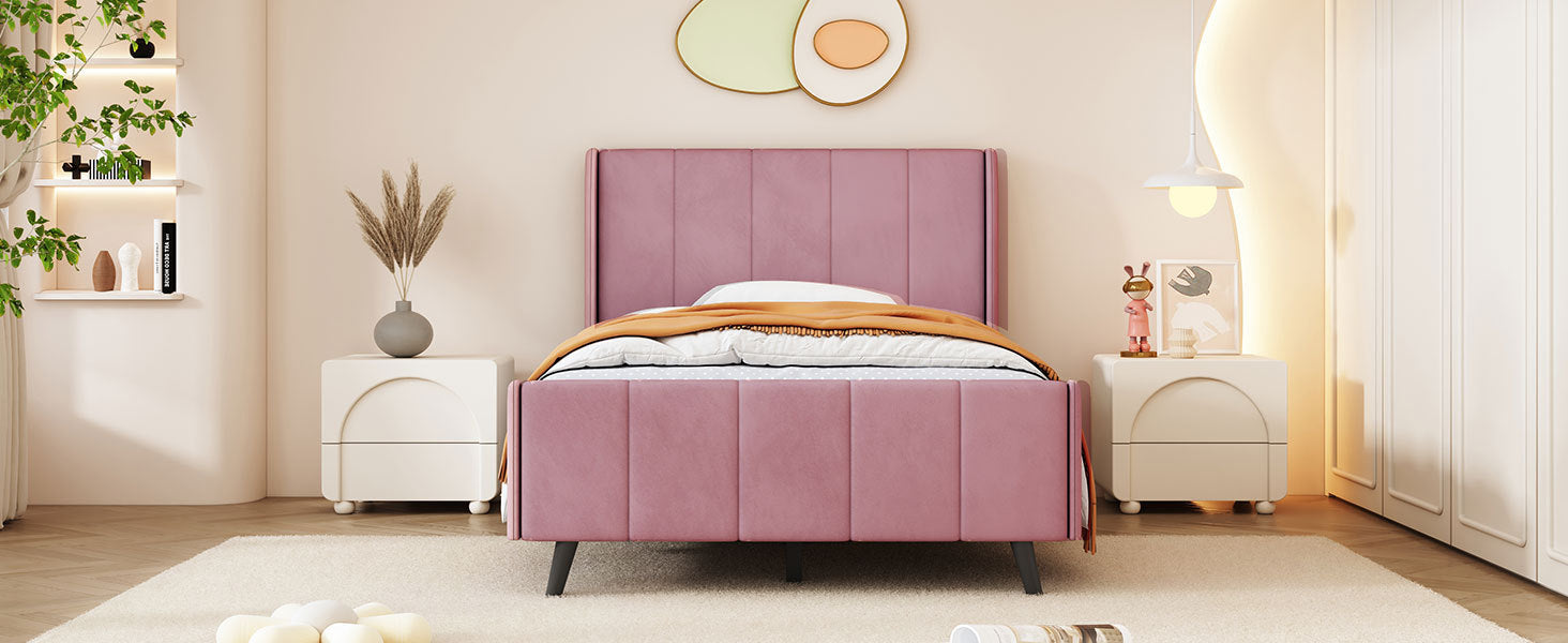 Twin Size Upholstered Platform Bed, Velvet, Pink