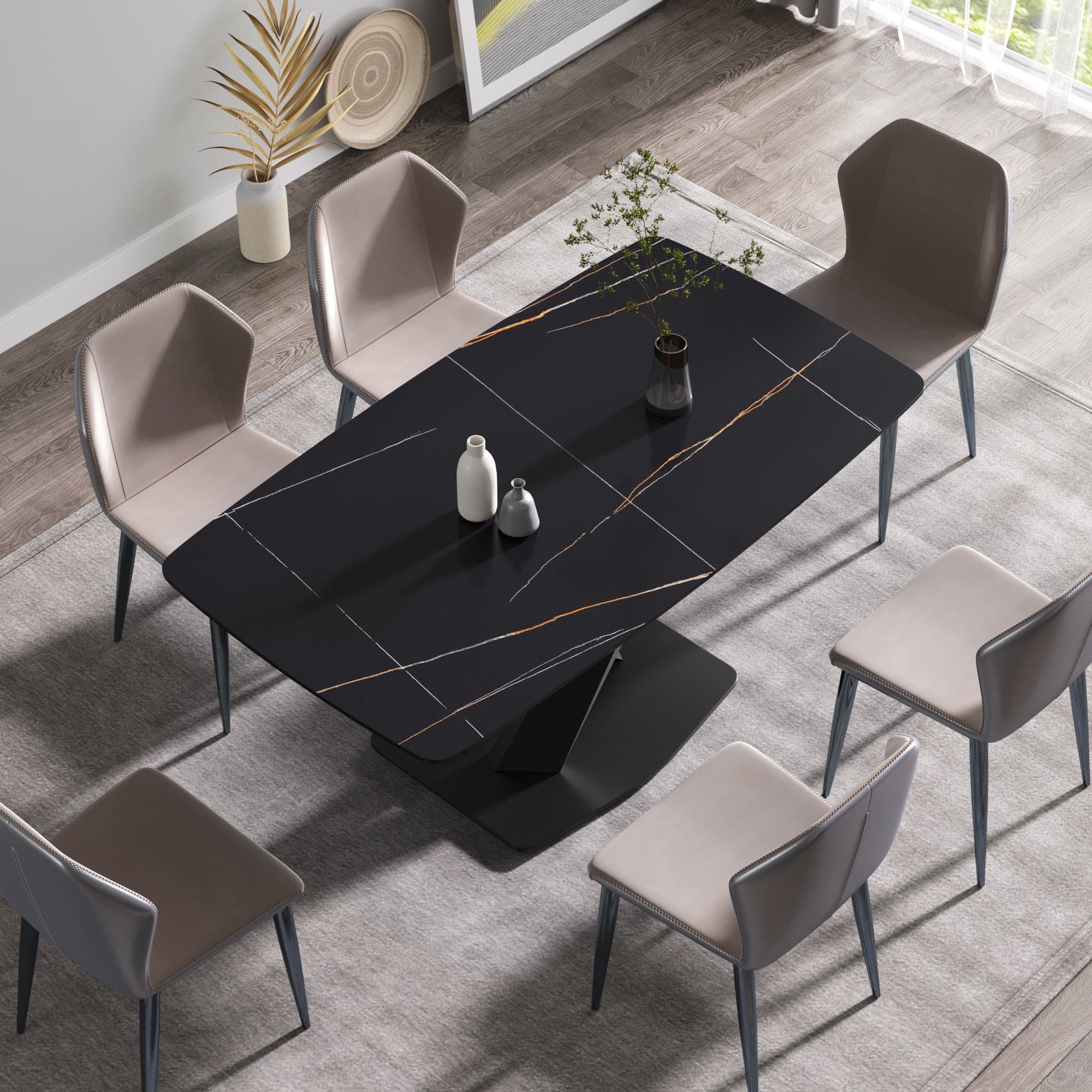 63"Modern artificial stone black curved black metal leg dining table -6 people