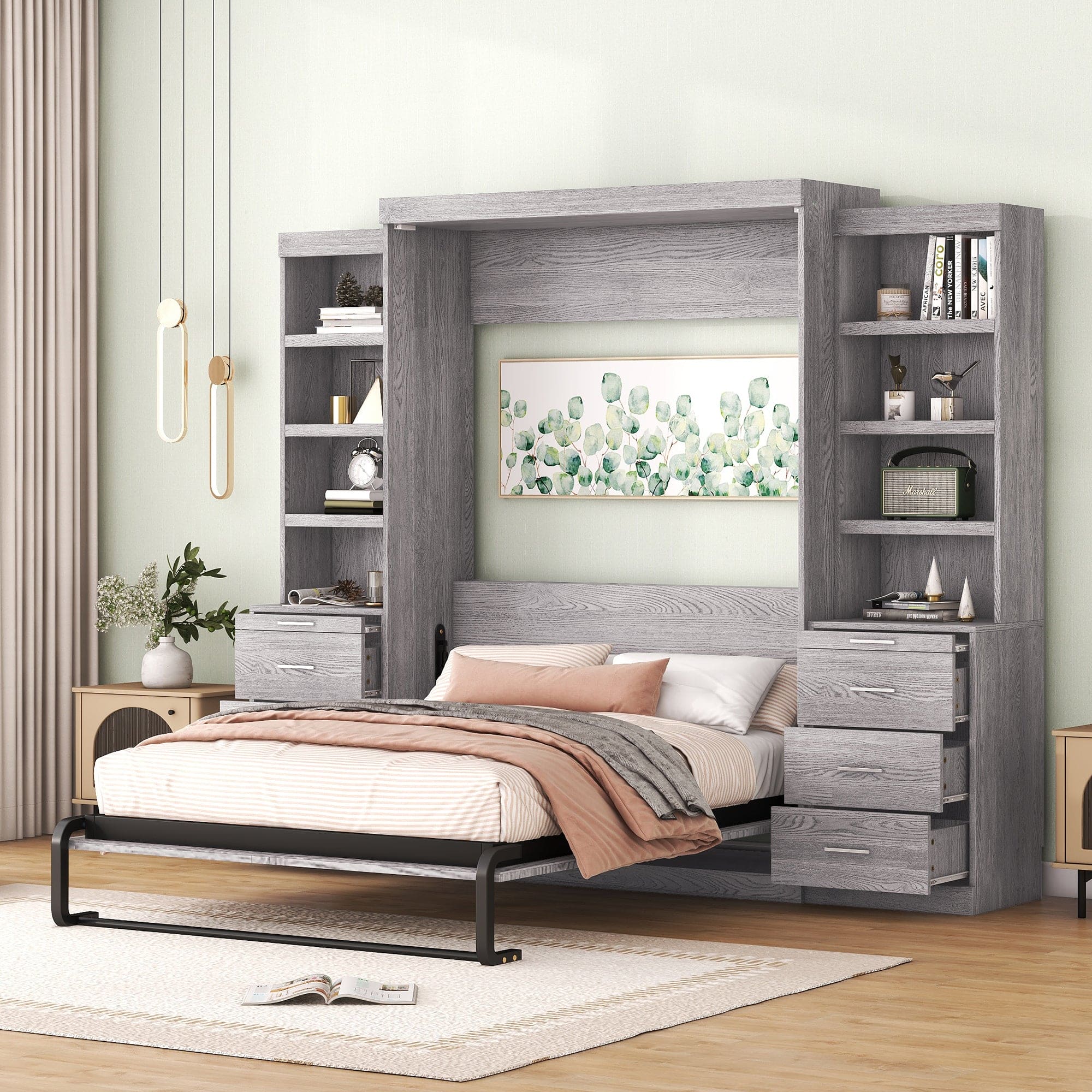 Full Size Murphy Bed with Storage Shelves and Drawers, Gray