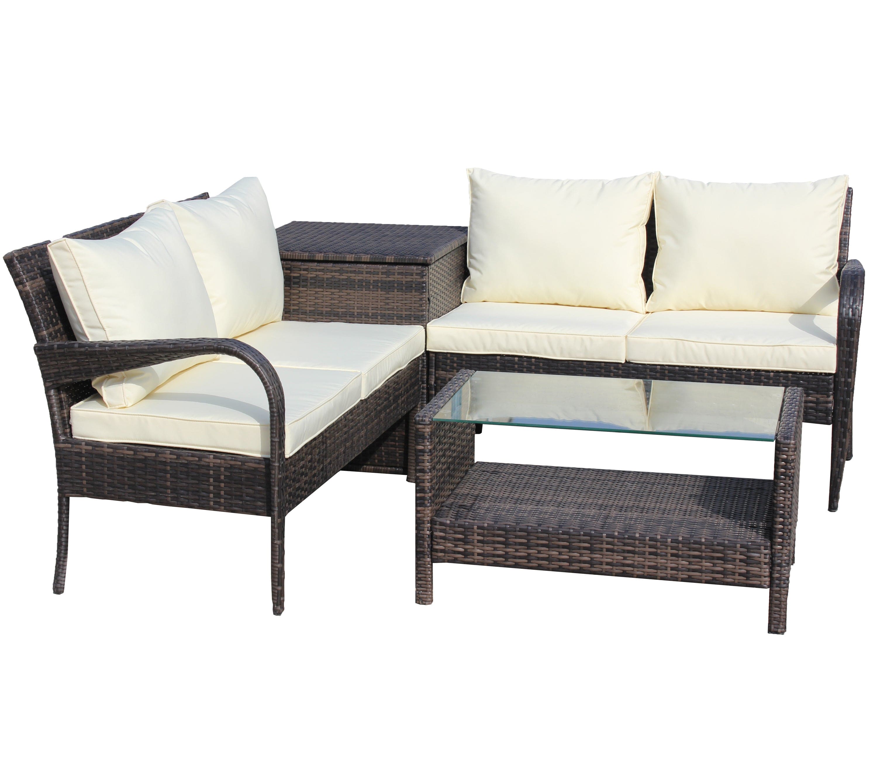 4 Piece Patio Sectional Wicker Rattan Outdoor Furniture Sofa Set with Storage Box Brown