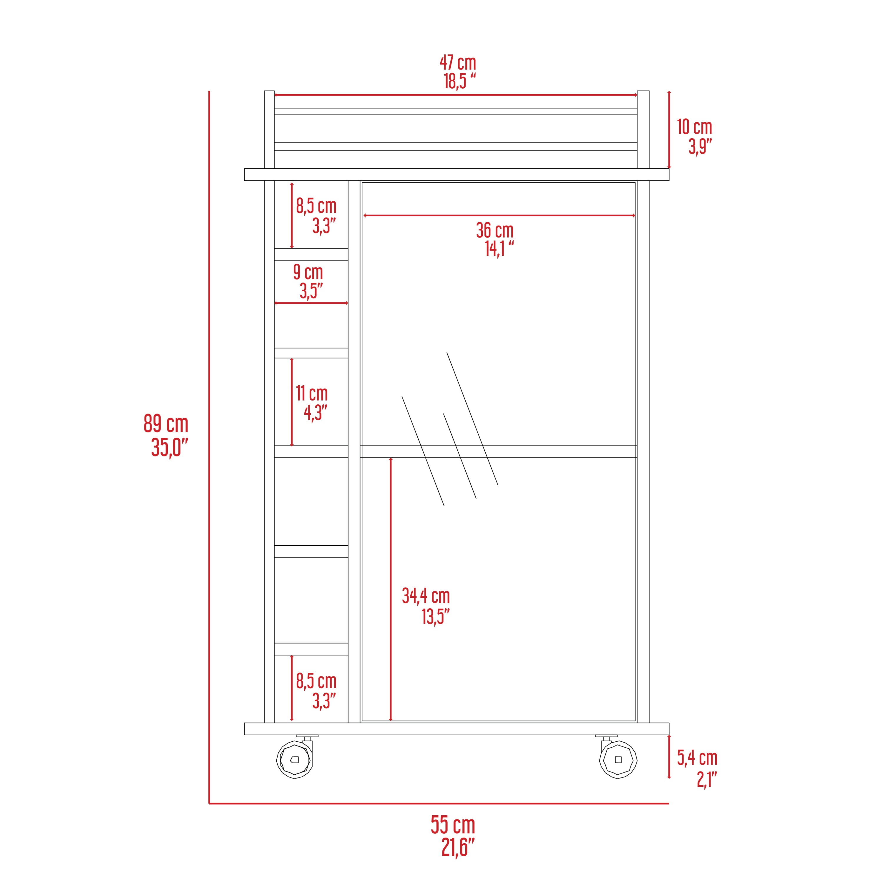 Bar Cart Baltimore, Six Wine Cubbies, Glass Door, Four Caster, Two Shelves, White Finish