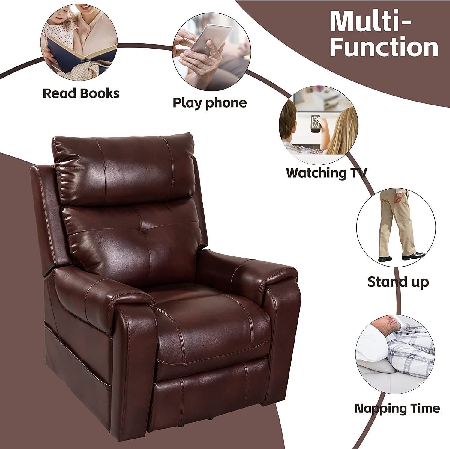 Lehboson Lift Chair Recliners, Electric Power Recliner Chair Sofa for Elderly, (Common, Red Brown)