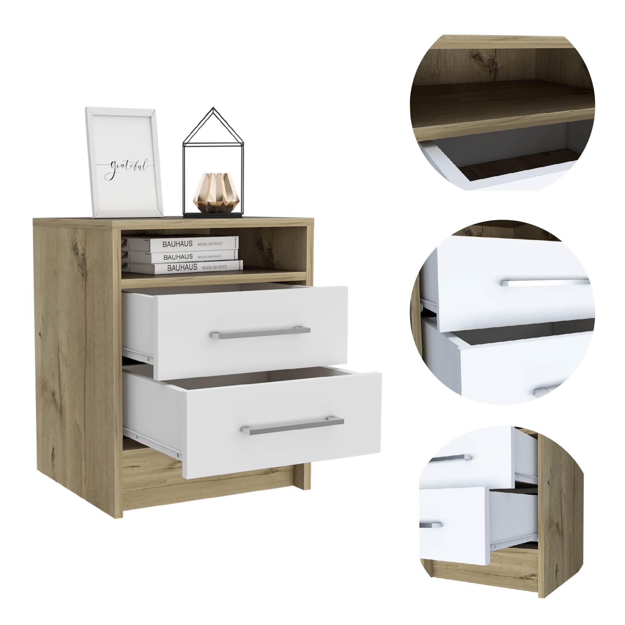 Rowley 2-Drawer 1-Shelf Rectangle Nightstand White and Light Oak