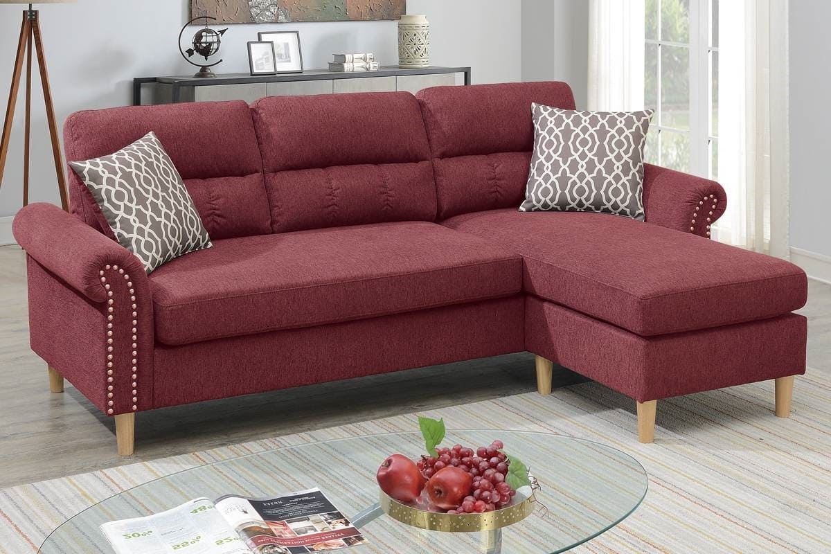 Paparika Red Color Polyfiber Reversible Sectional Sofa Set Chaise Pillows Plush Cushion Couch Nailheads