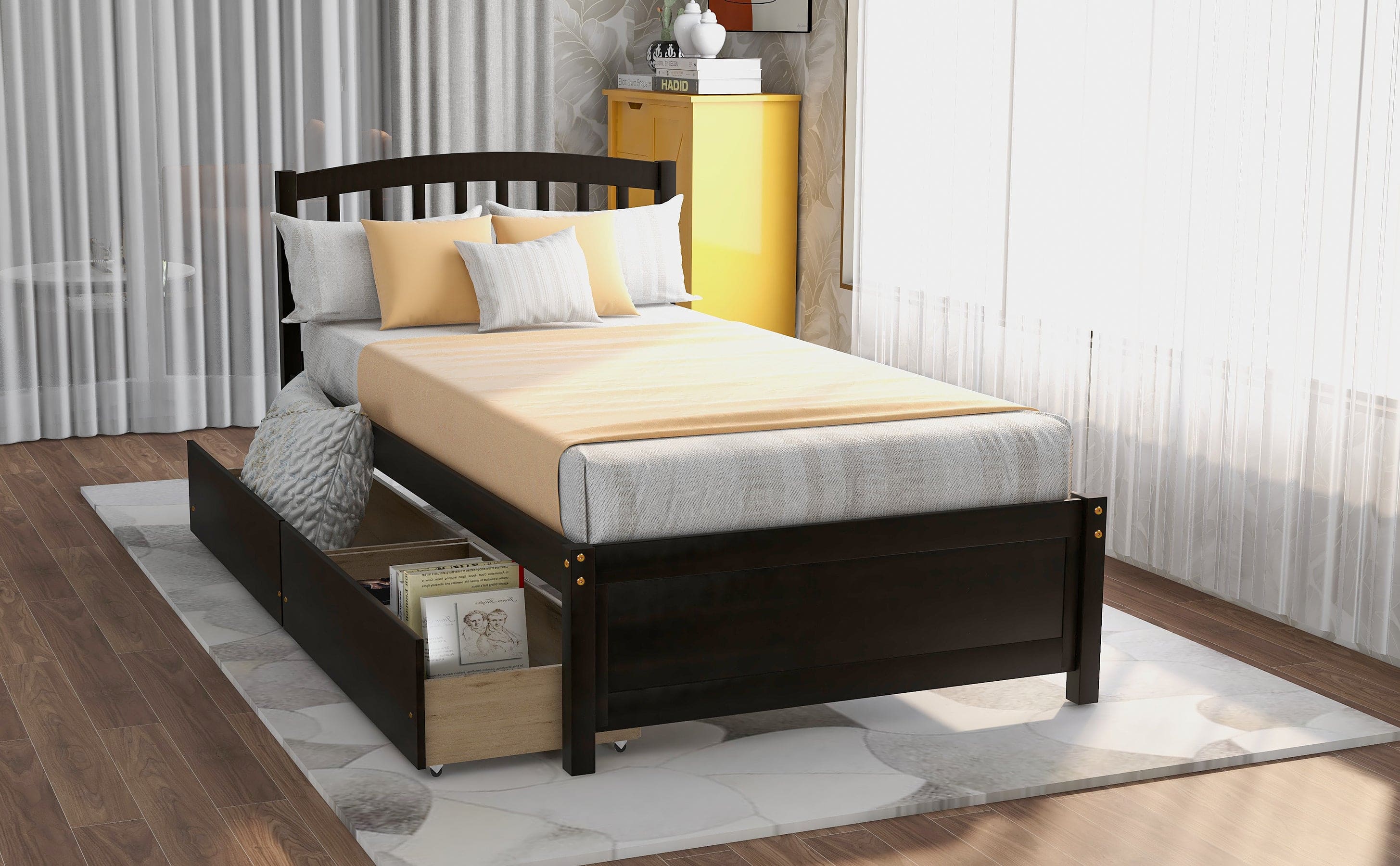 Twin Platform Storage Bed Wood Bed Frame with Two Drawers and Headboard, Espresso(Previous SKU: SF000062PAA)