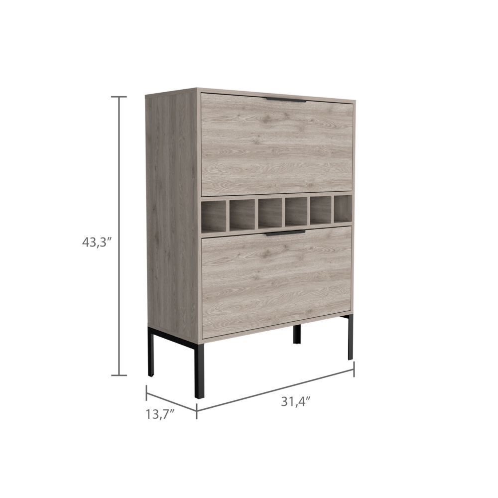 Bar Cabinet Puertu, Six Wine Cubbies, Double Door Cabinet, Light Gray Finish