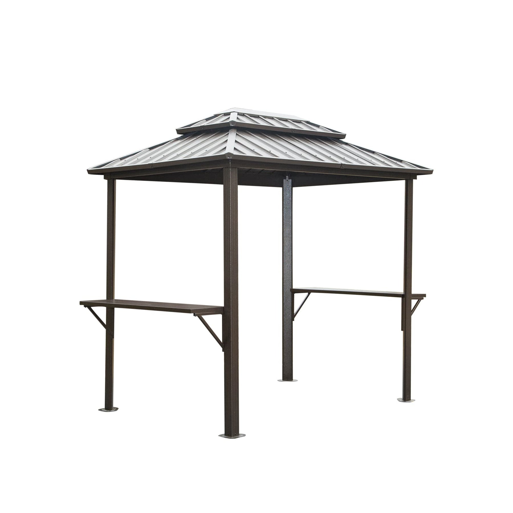 Grill Gazebo 8' × 6', Aluminum BBQ Gazebo Outdoor Metal Frame with Shelves Serving Tables, Permanent Double Roof Hard top Gazebos for Patio Lawn Deck Backyard and Garden (Brown)