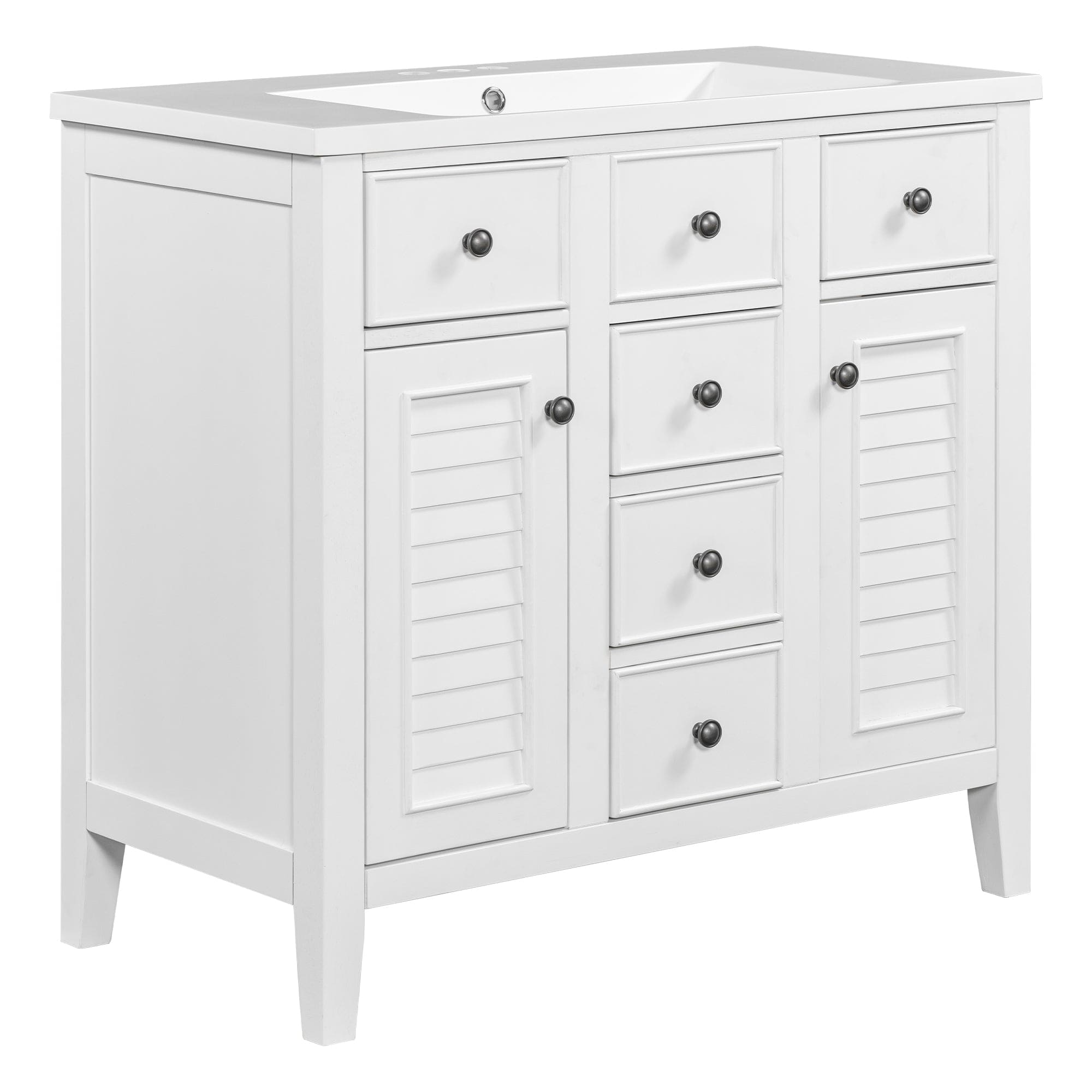 36" Bathroom Vanity with Ceramic Basin, Two Cabinets and Five Drawers, Solid Wood Frame, White (OLD SKU: SY999202AAK)