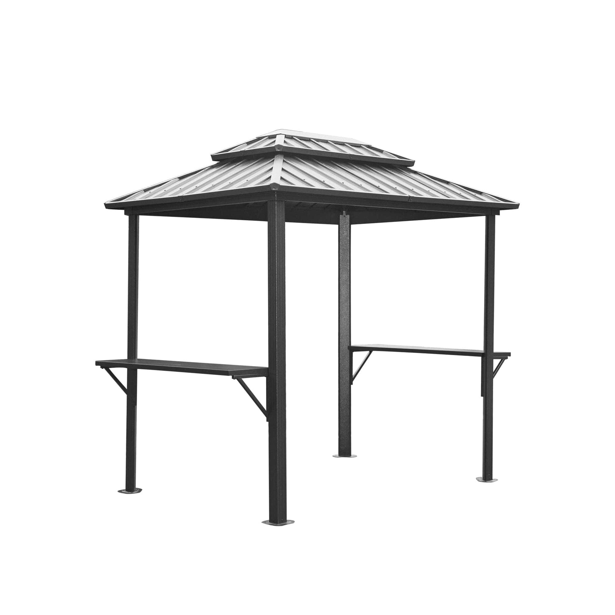 Grill Gazebo 8' × 6', Aluminum BBQ Gazebo Outdoor Metal Frame with Shelves Serving Tables, Permanent Double Roof Hard top Gazebos for Patio Lawn Deck Backyard and Garden (Grey)