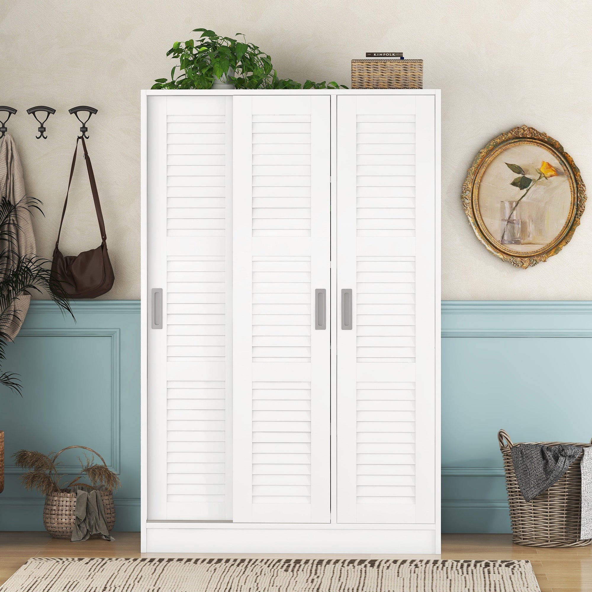 3-Door Shutter Wardrobe with shelves, White