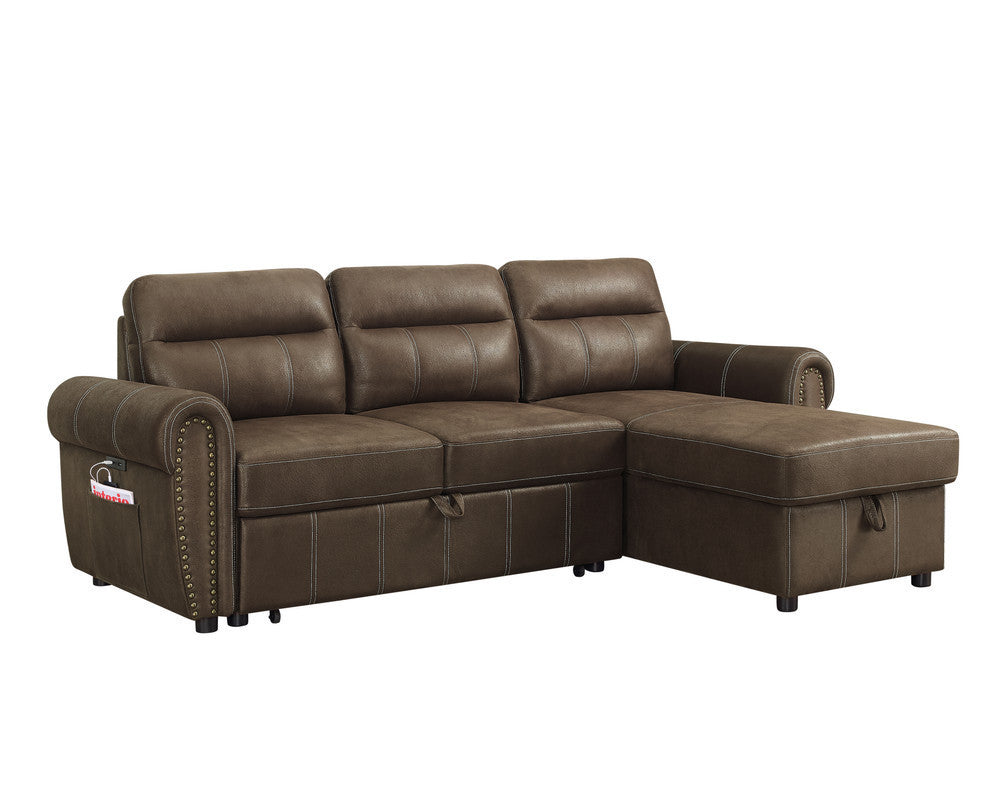 Hugo Brown Reversible Sleeper Sectional Sofa Chaise with USB Charger