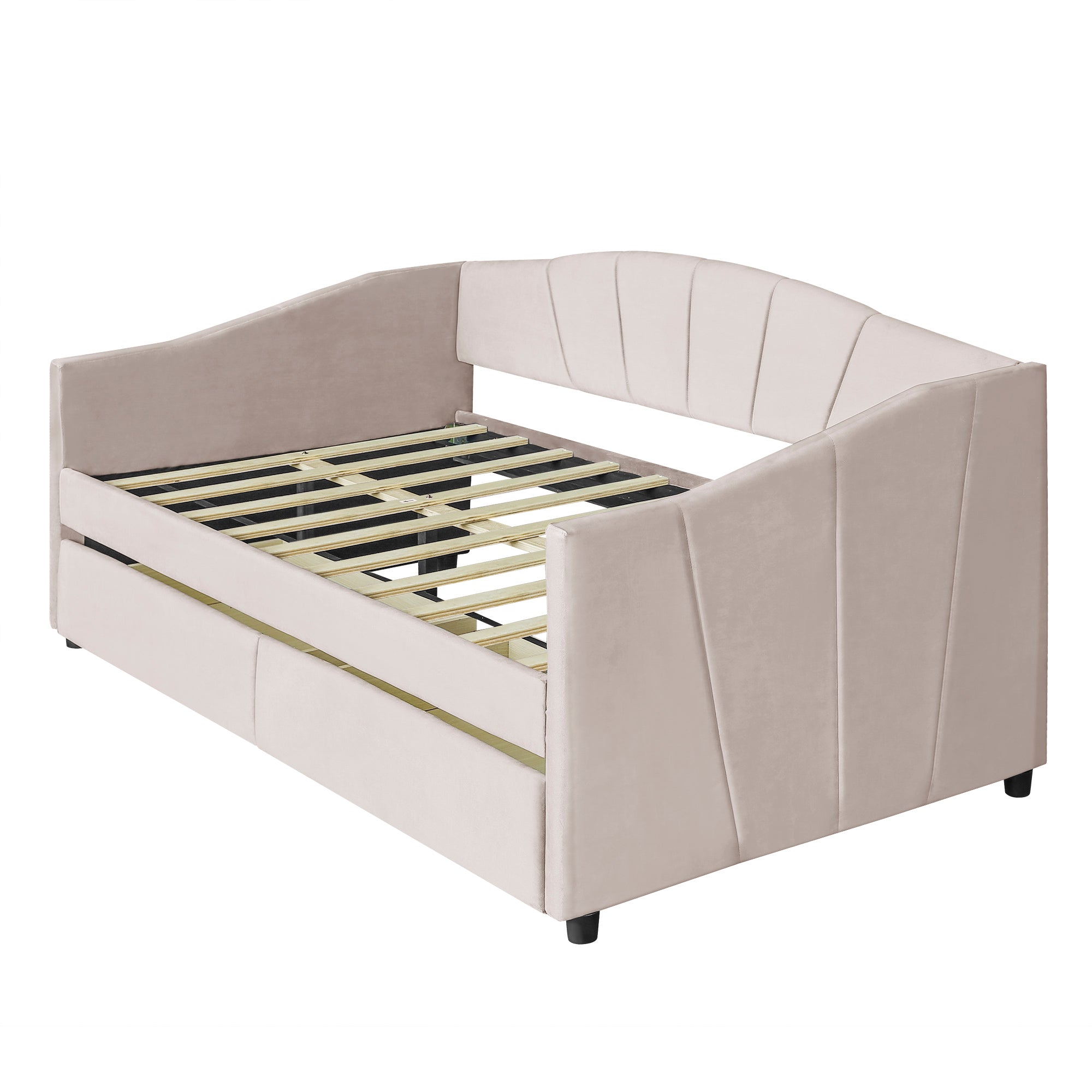 Upholstered daybed Twin Size with Two Drawers and Wood Slat  ,Beige