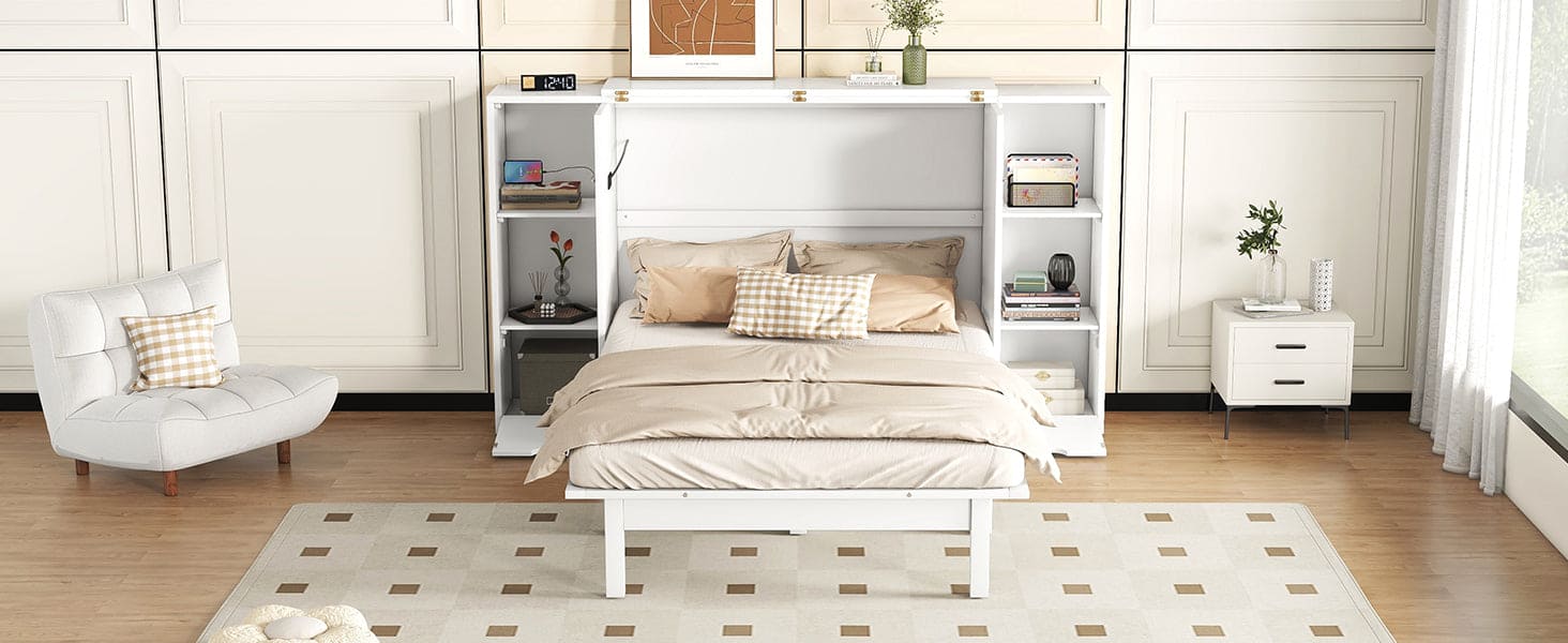 Queen Size Murphy Bed with Shelves, Drawers and USB Ports,White