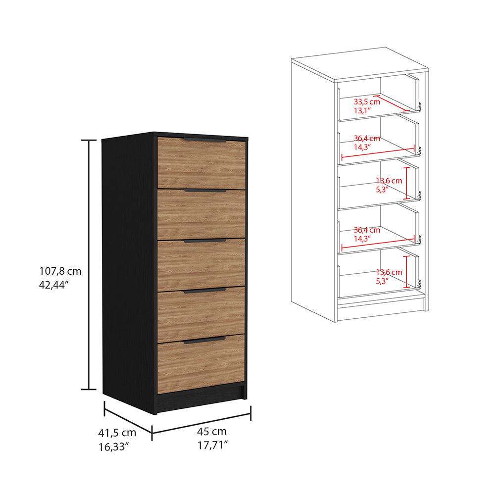 5 Drawers Dresser Maryland, Metal Handle, Black Wengue / Pine Finish