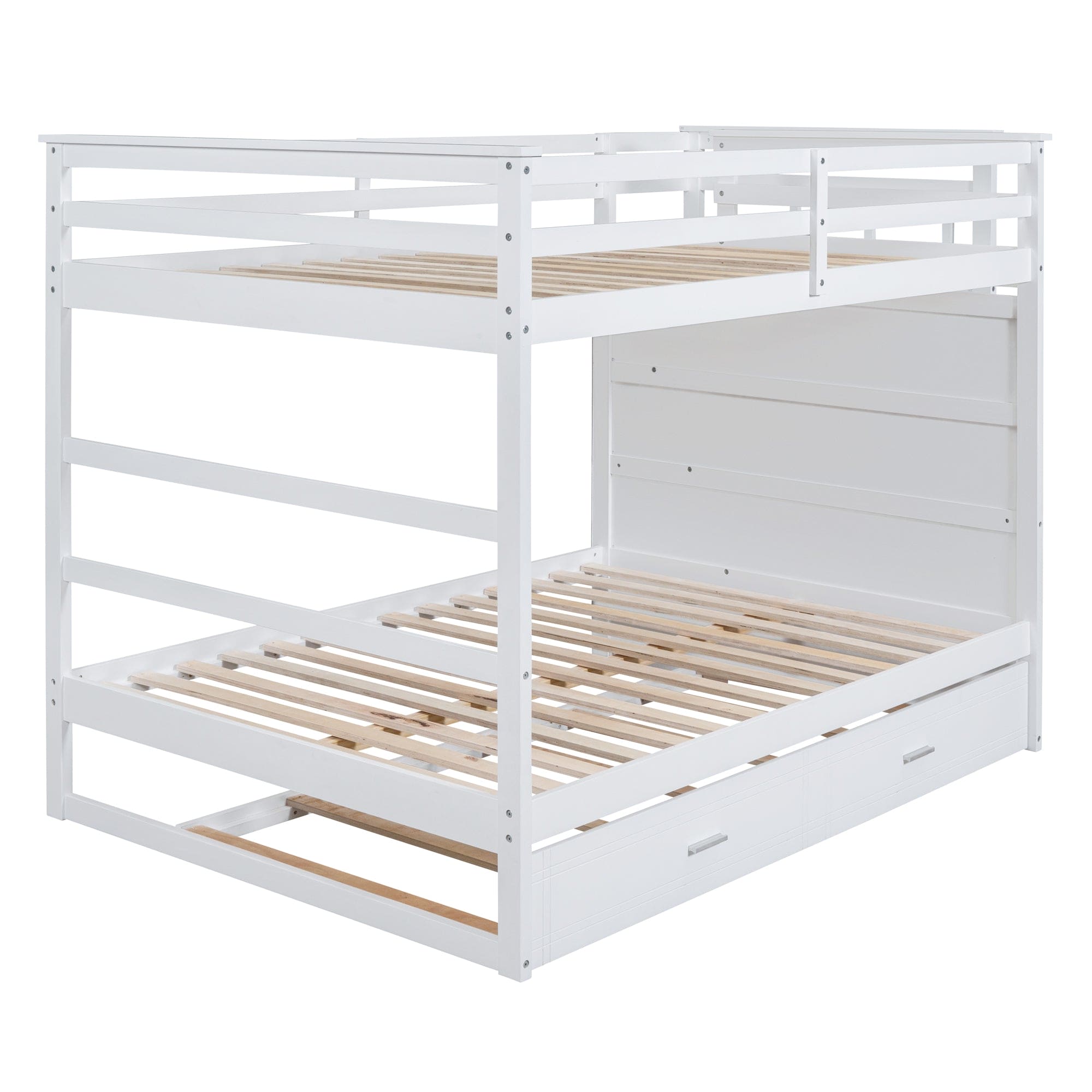 Full Over Full Bunk Bed with Twin Size Trundle and Staircase, White