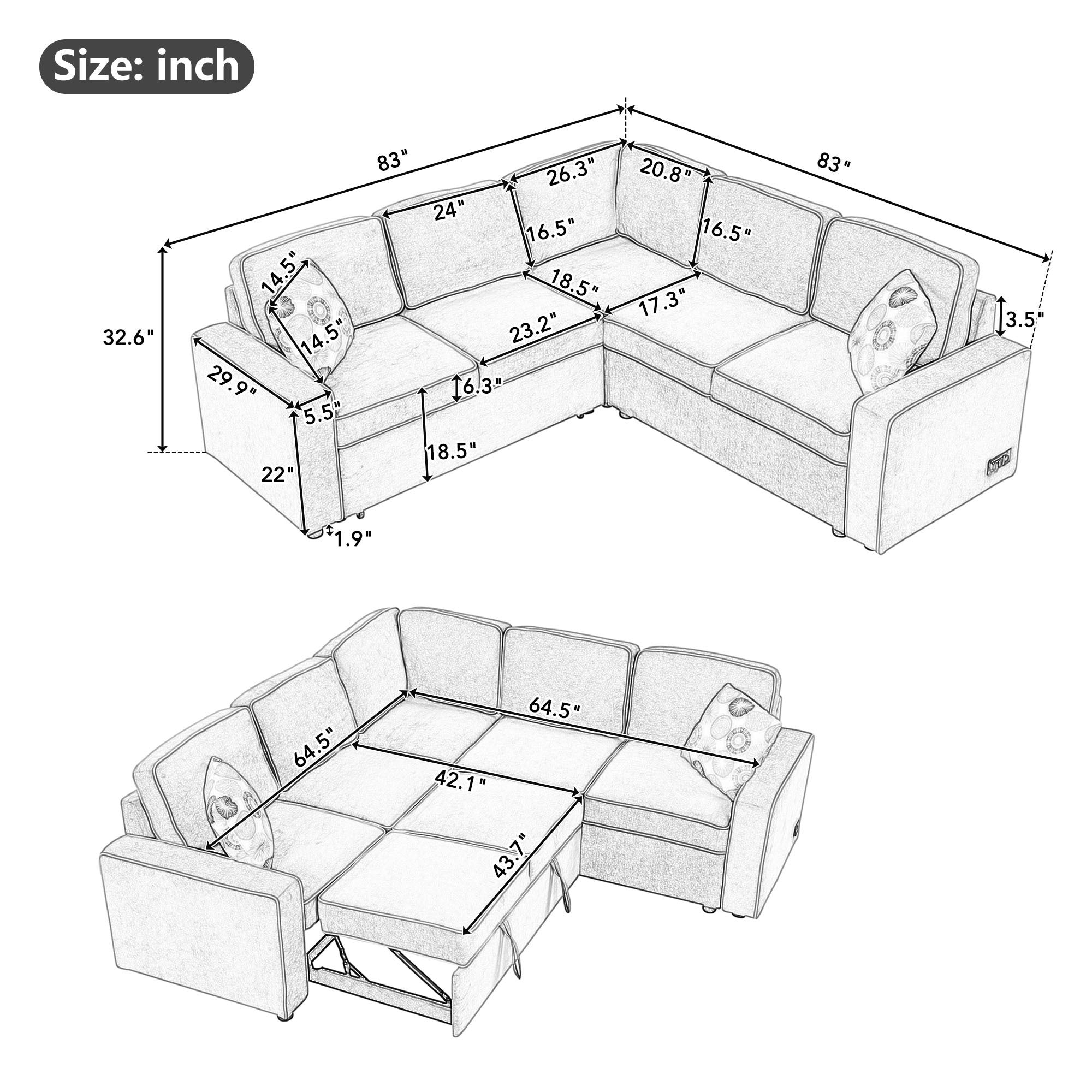 83" L-Shaped Pull Out Sofa Bed Modern Convertible Sleeper Sofa with 2 USB ports, 2 Power Sockets and 3 Pillows for Living Room, Bedroom, Office, Brown