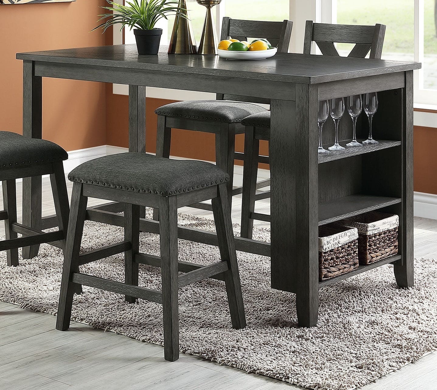 Modern Gray Finish 5pc Counter Height High Dining Table w Storage Shelves High Chairs And Stools Wooden Kitchen Breakfast Table Dining Room Furniture