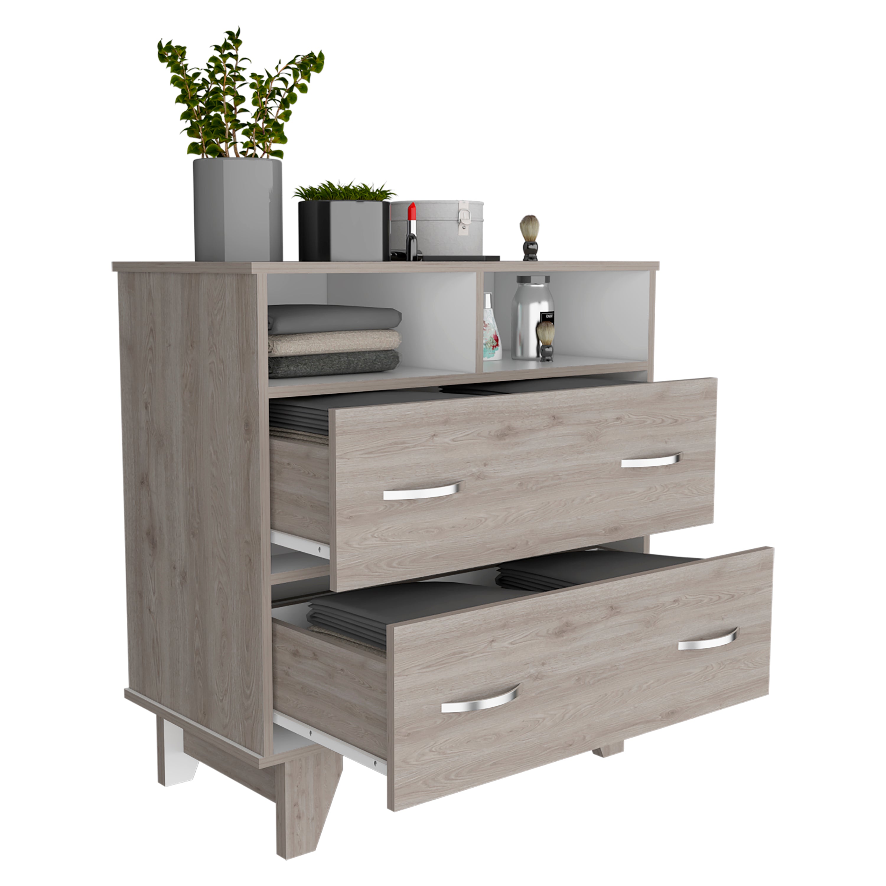 Portanova Two Drawer Dresser, Two Open Shelves, Superior Top,  Four Legs -Light Gray / White