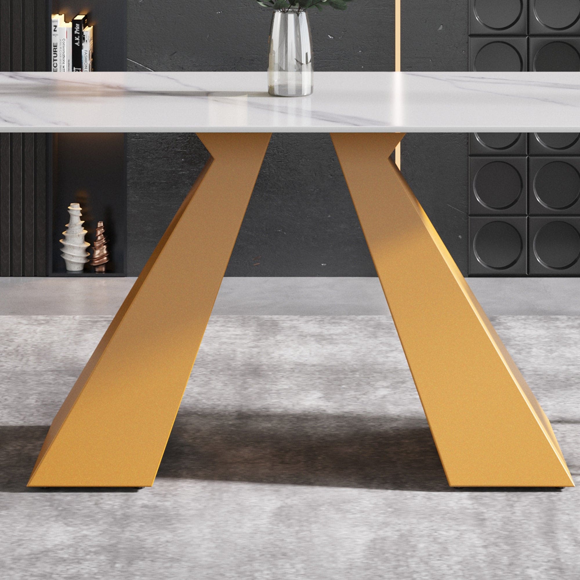 63"Modern artificial stone white straight edge golden metal leg dining table -6 people