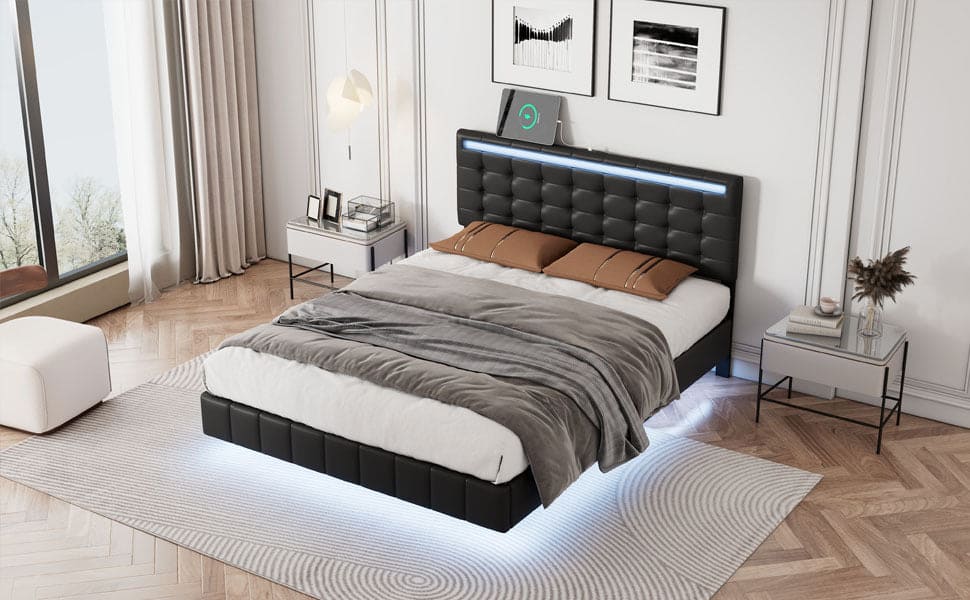 Full Size Floating Bed Frame with LED Lights and USB Charging,Modern Upholstered Platform LED Bed Frame,Black(Full)