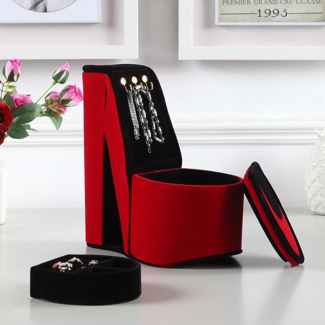 9" Tall Display Jewelry Box with Hooks, High Heel Shoe Design, Red Velvet