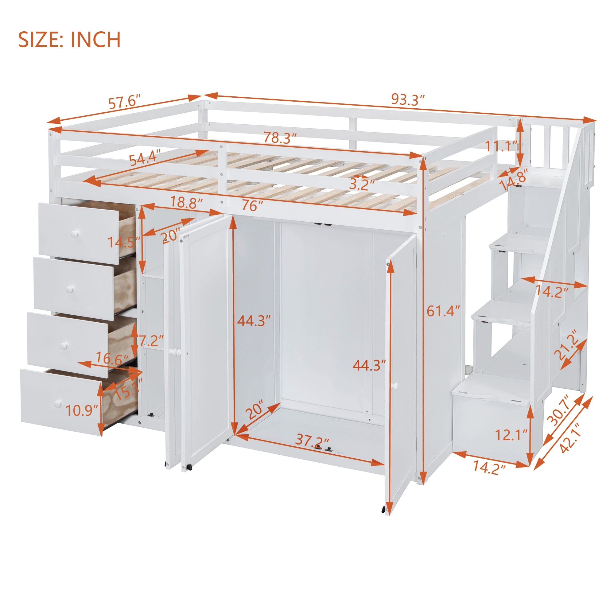 Full Size Wood Loft Bed With Built-in Wardrobes, Cabinets and Drawers, White